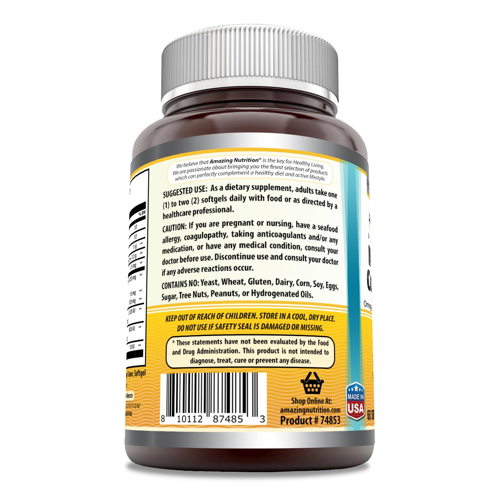 Etiqueta de Amazing Omega destacando EPA, DHA y vitaminas para la salud.