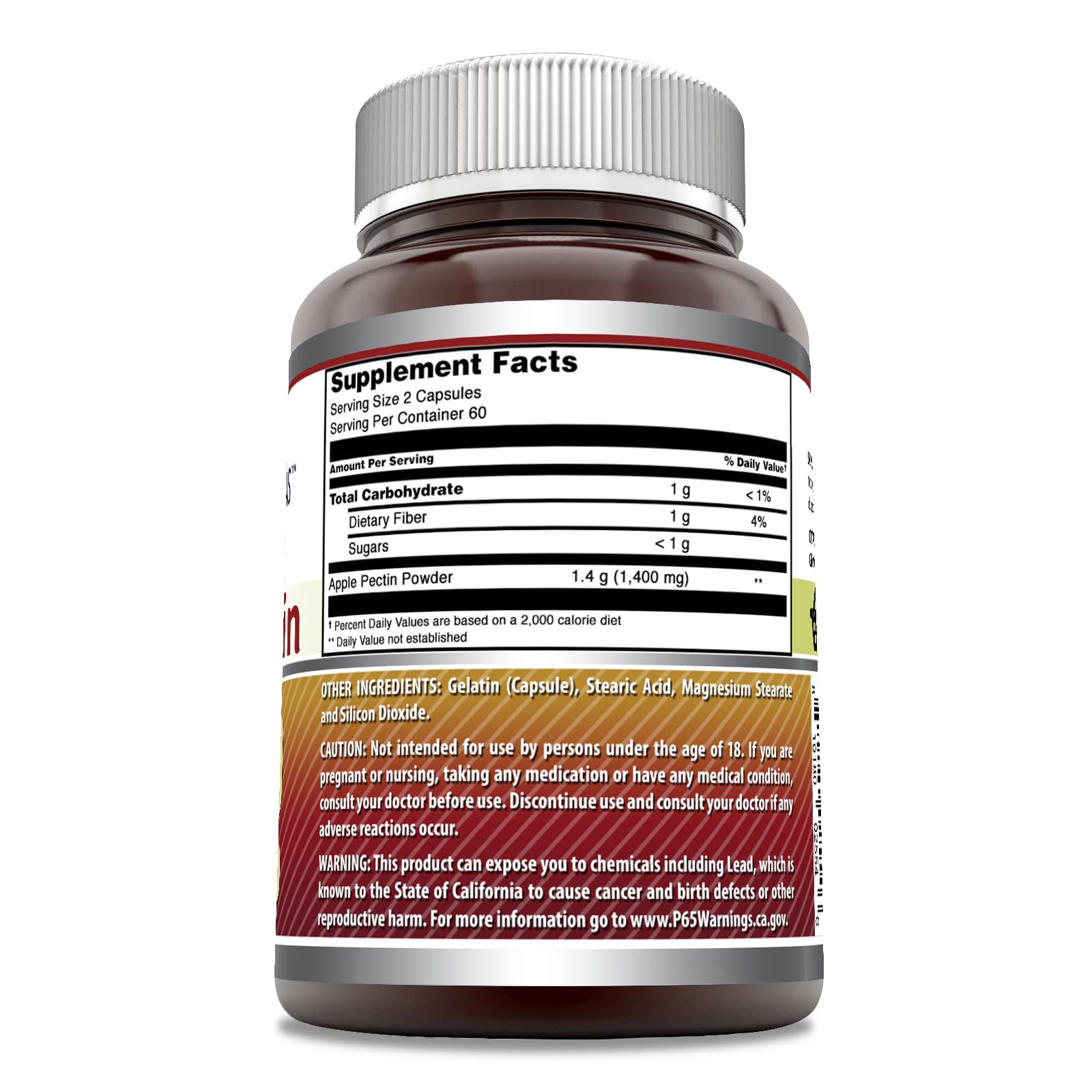 Amazing Nutrition Apple Pectin etiqueta muestra sin OGM y sin gluten.