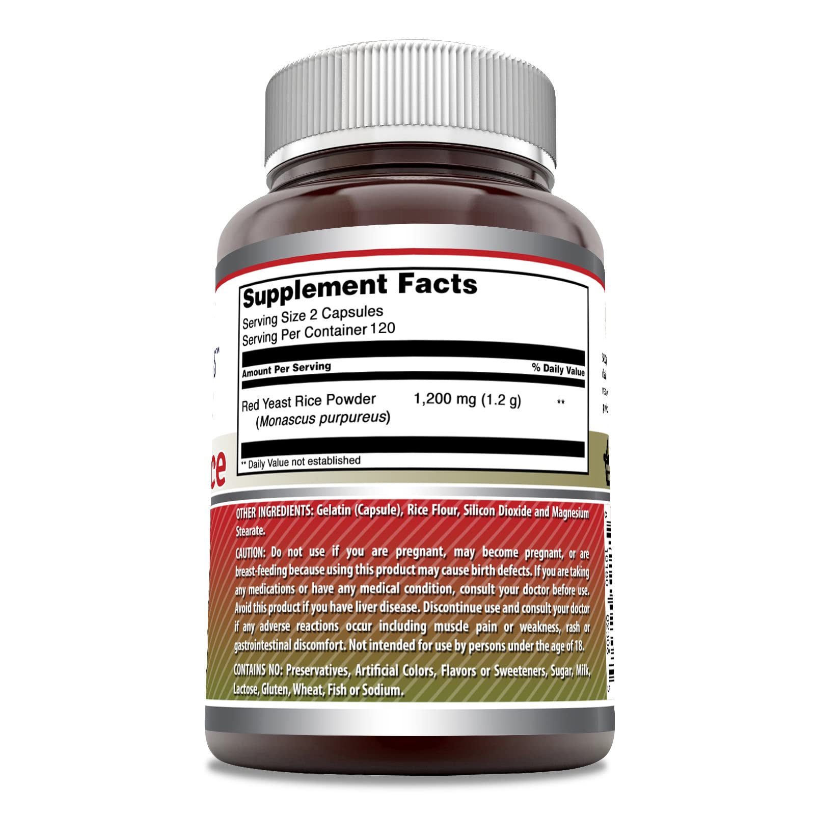 Amazing Nutrition arroz rojo fermentado 1200 mg, etiqueta y envase para uso en casa.