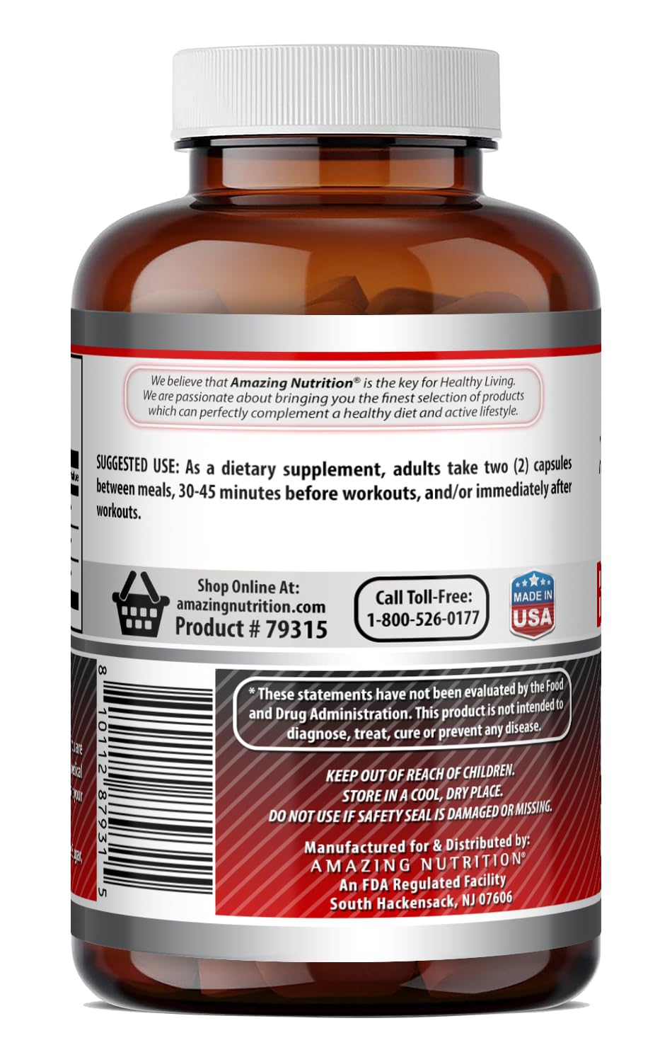 Etiqueta Sin OGM de Amazing Nutrition BCAA 2:1:1 de alta pureza.
