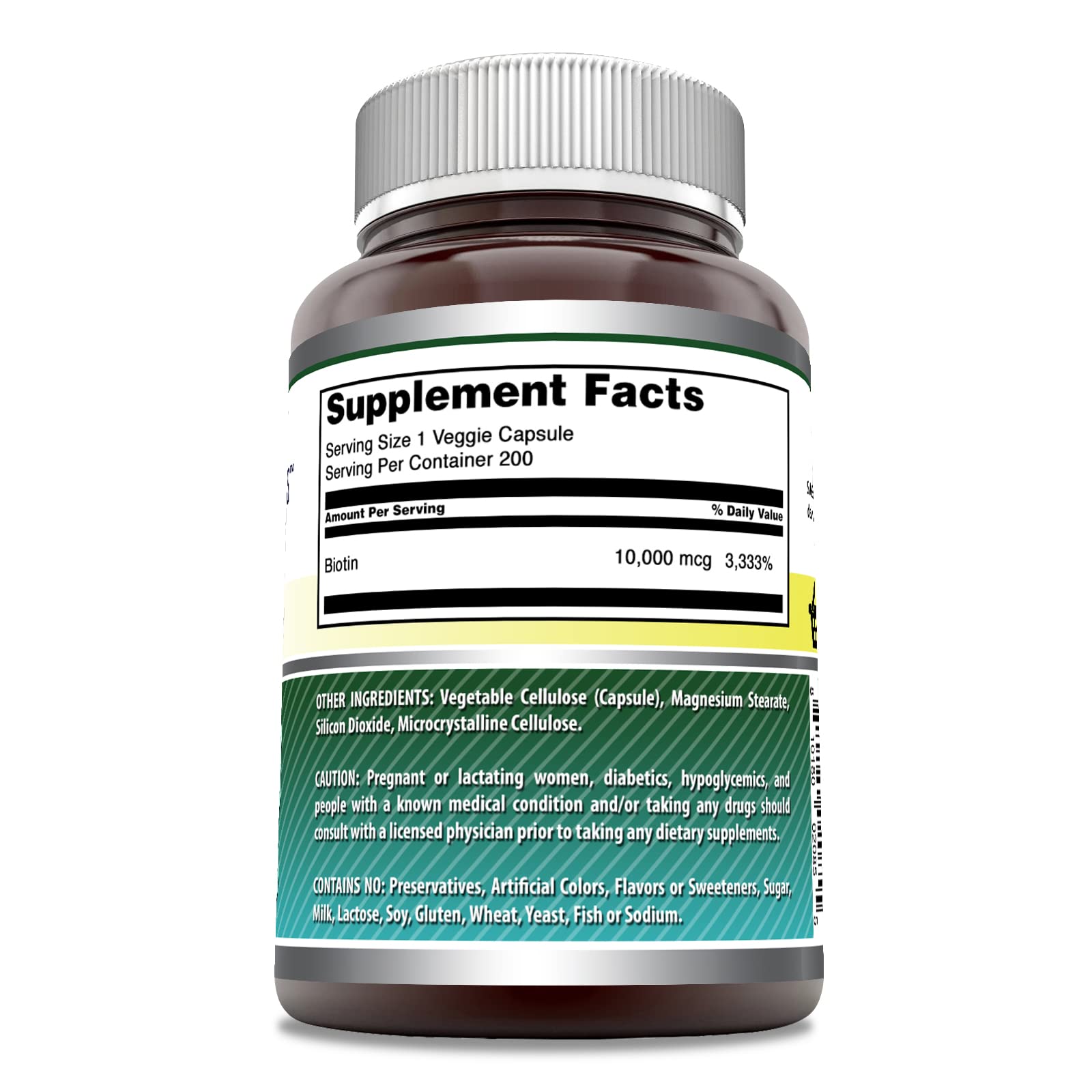 Botella frontal de Amazing Nutrition Biotin 10000mcg cápsula vegetal para uso diario