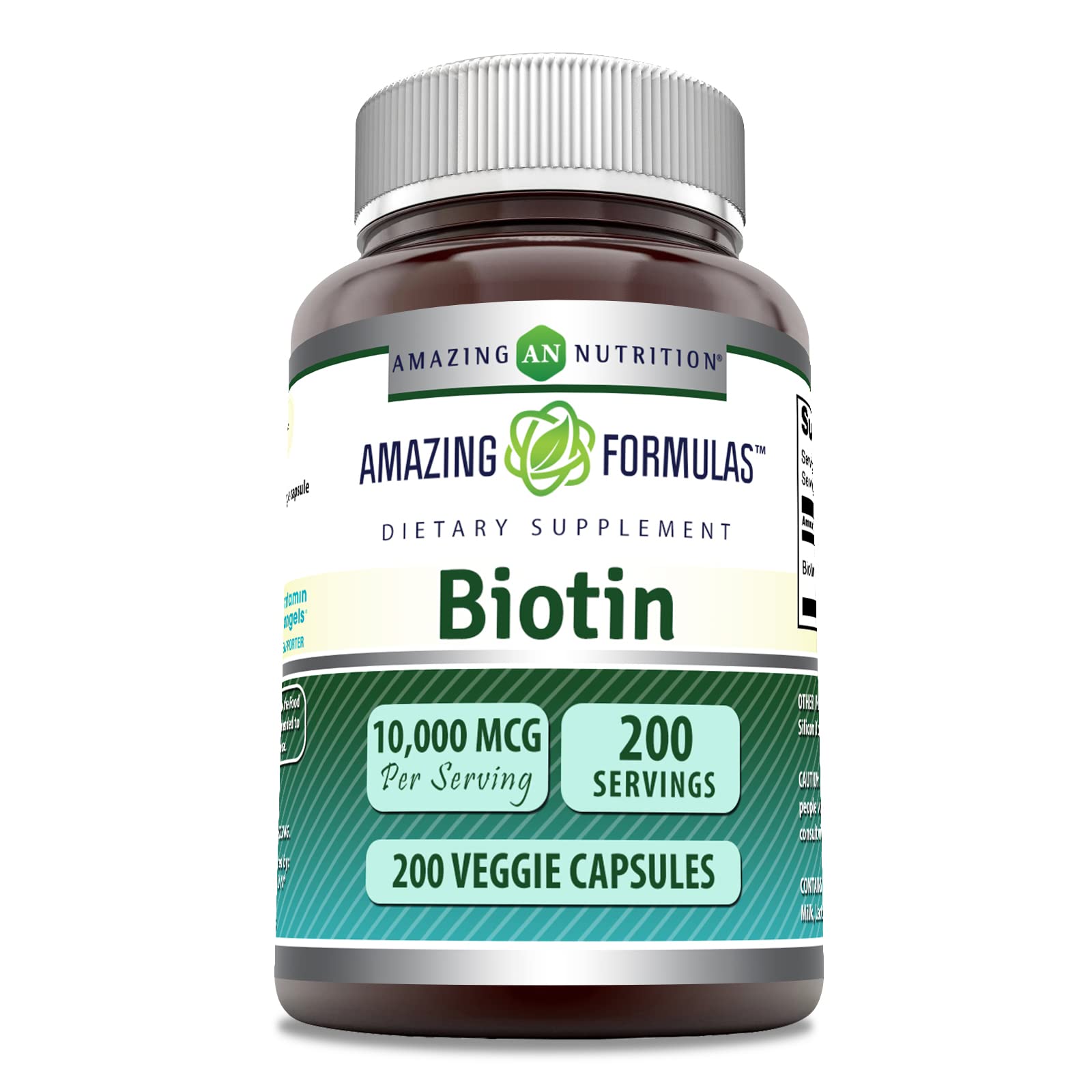 Biotina de Amazing Nutrition 10000mcg en cápsula vegetal para cabello y uñas sanos