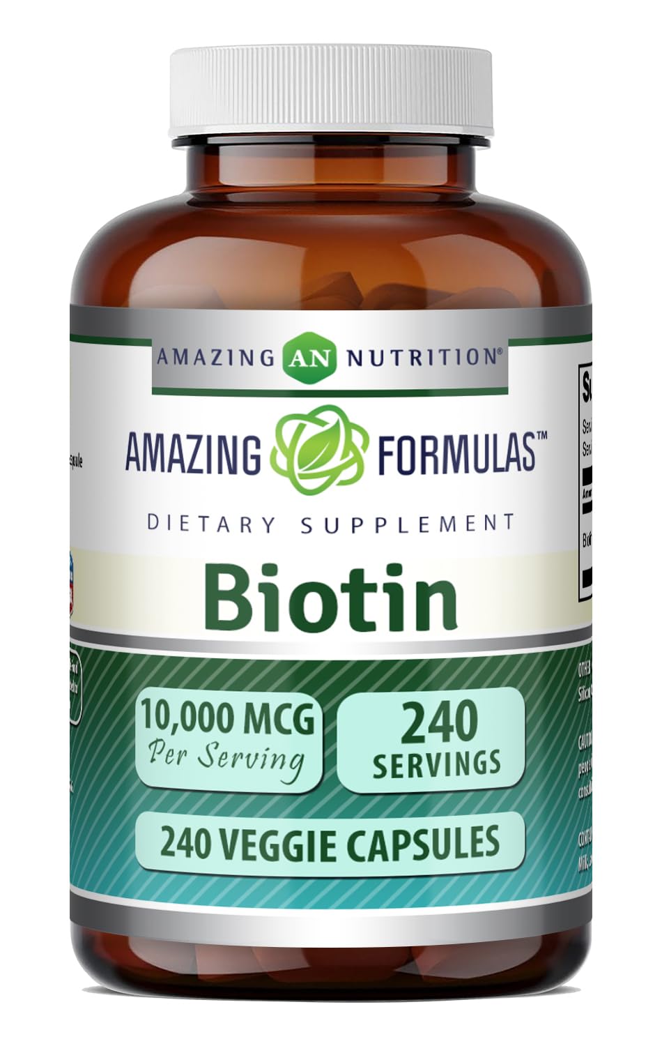 Amazing Nutrition Biotina 10000 mcg, botella frontal, potencia tu rutina diaria