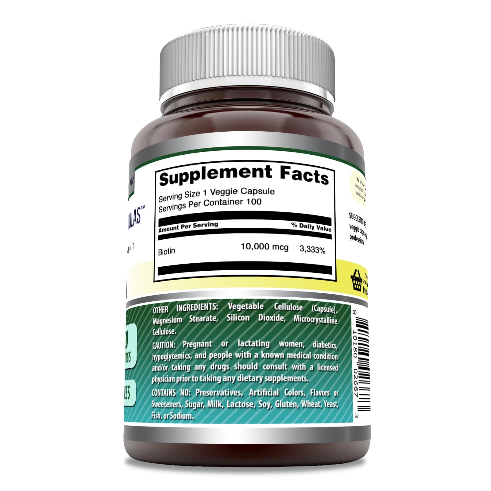 Biotina Amazing Nutrition 10000 mcg cápsula vegetal con etiqueta clara para identificación rápida