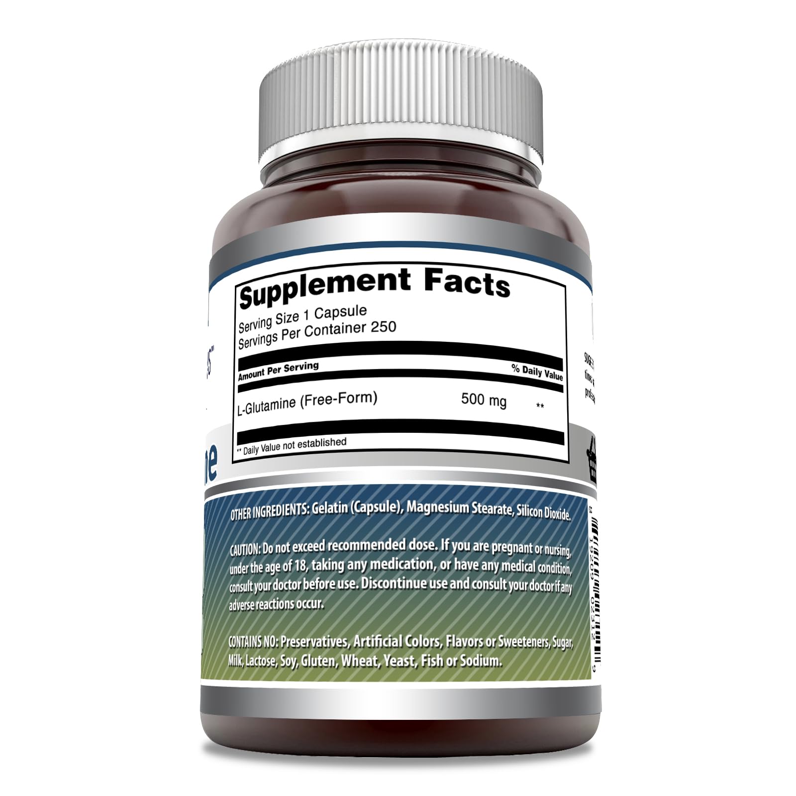 L-glutamina en bote de 250 cápsulas de Amazing Nutrition, conveniente para consumo diario.