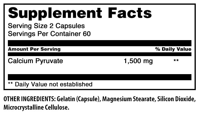 Botella Amazing Nutrition calcio-piruvato fabricada en Estados Unidos, almacenamiento sencillo.