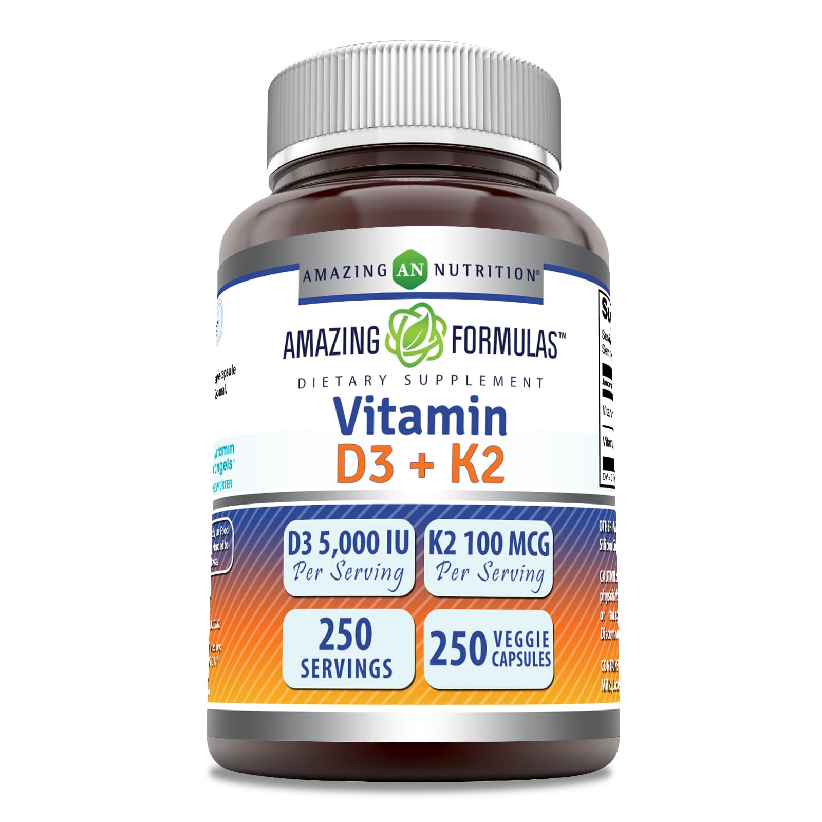 Amazing Nutrition D3 5000 UI con K2 100 mcg en botella para uso diario