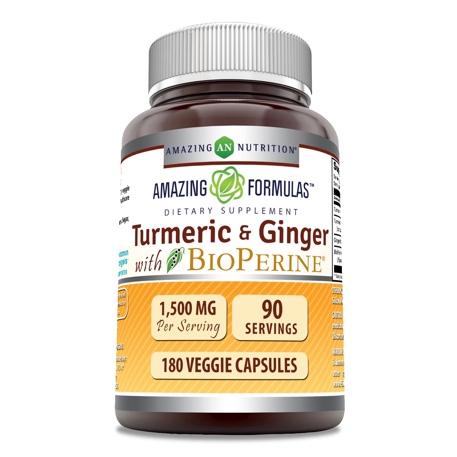 Amazing Nutrition: botella de cúrcuma y jengibre con BioPerine para bienestar diario