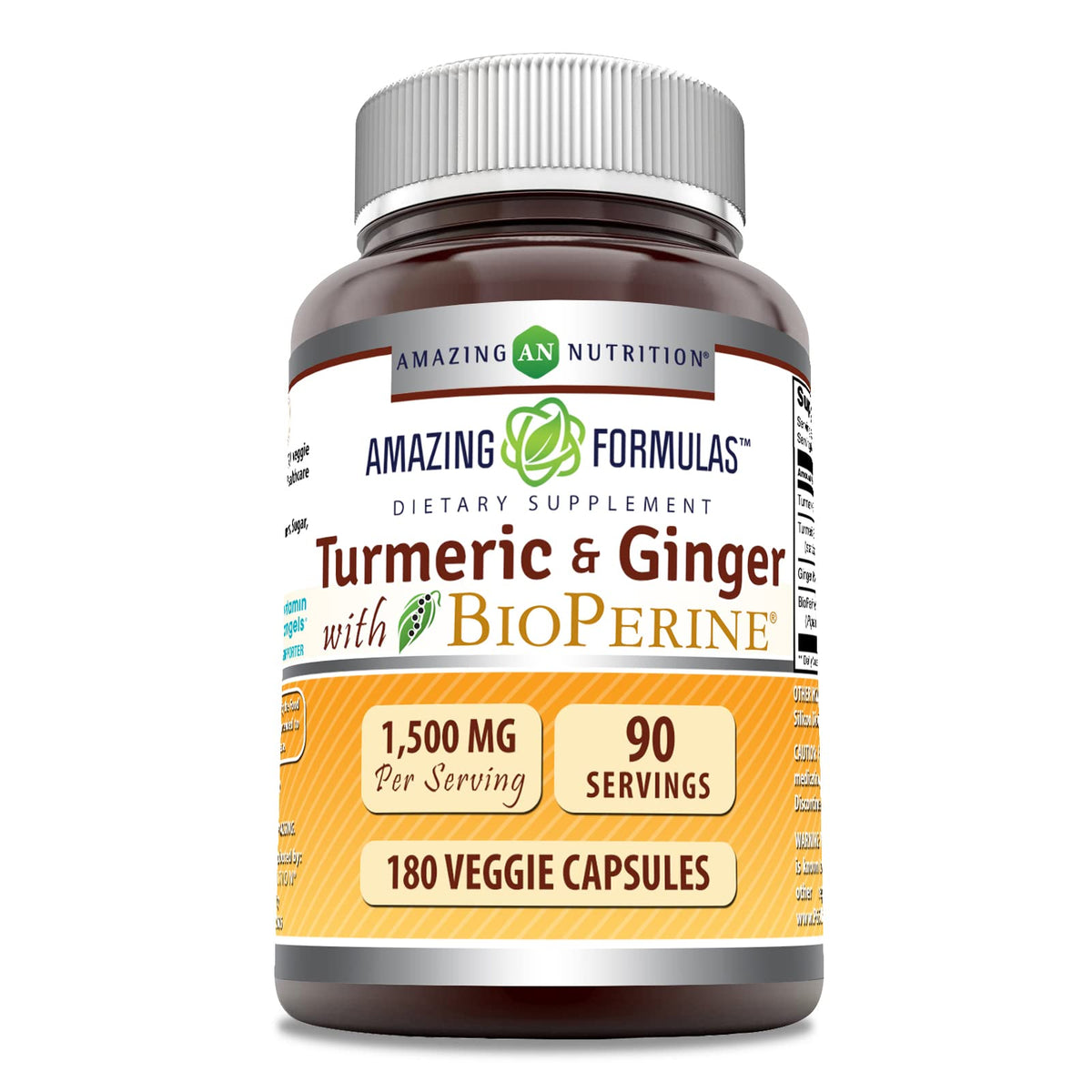 Amazing Nutrition: botella de cúrcuma y jengibre con BioPerine para bienestar diario