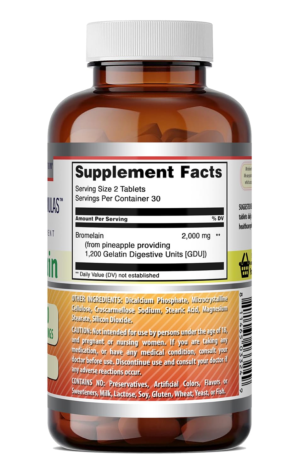 Amazing Nutrition Bromelina 2000 mg, primer plano de tabletas para dosis diaria.