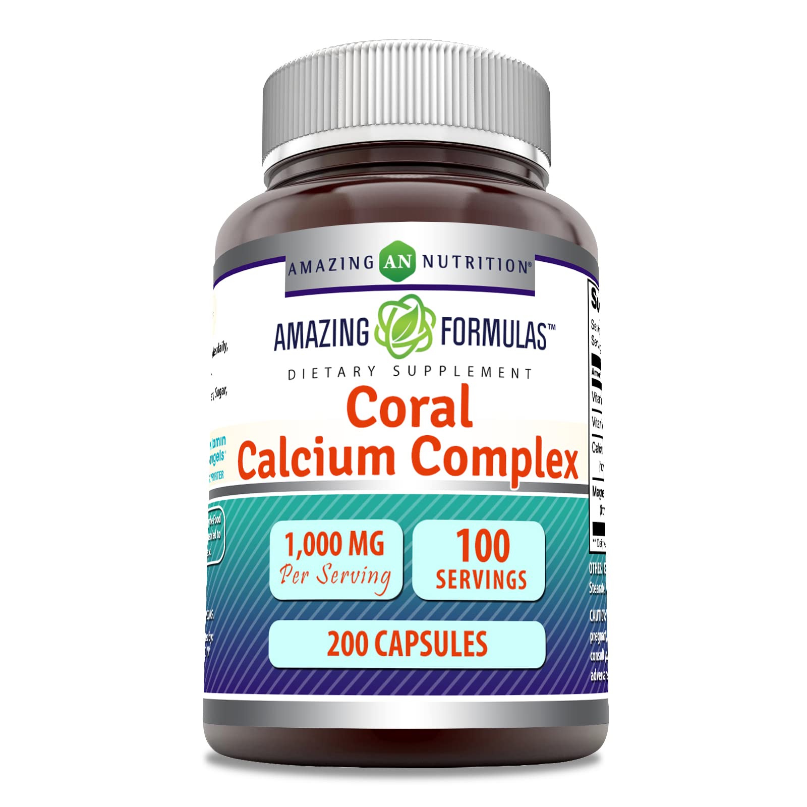 Amazing Nutrition Coral Calcium Complex en botella, dosis de 1000 mg para uso diario