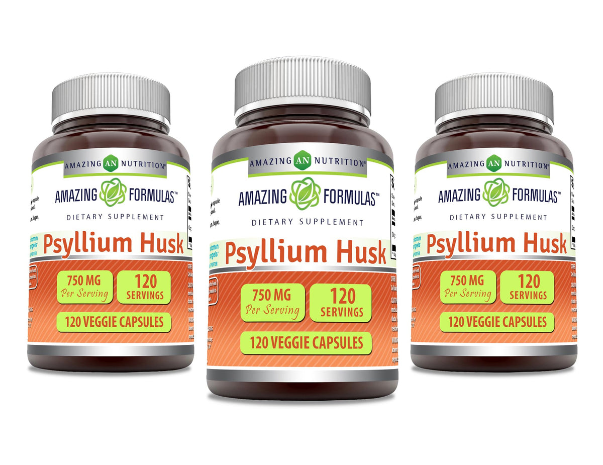 Amazing Nutrition cápsulas vegetales de fibra Plantago 750 mg, frasco, apoyo a la ingesta diaria de fibra