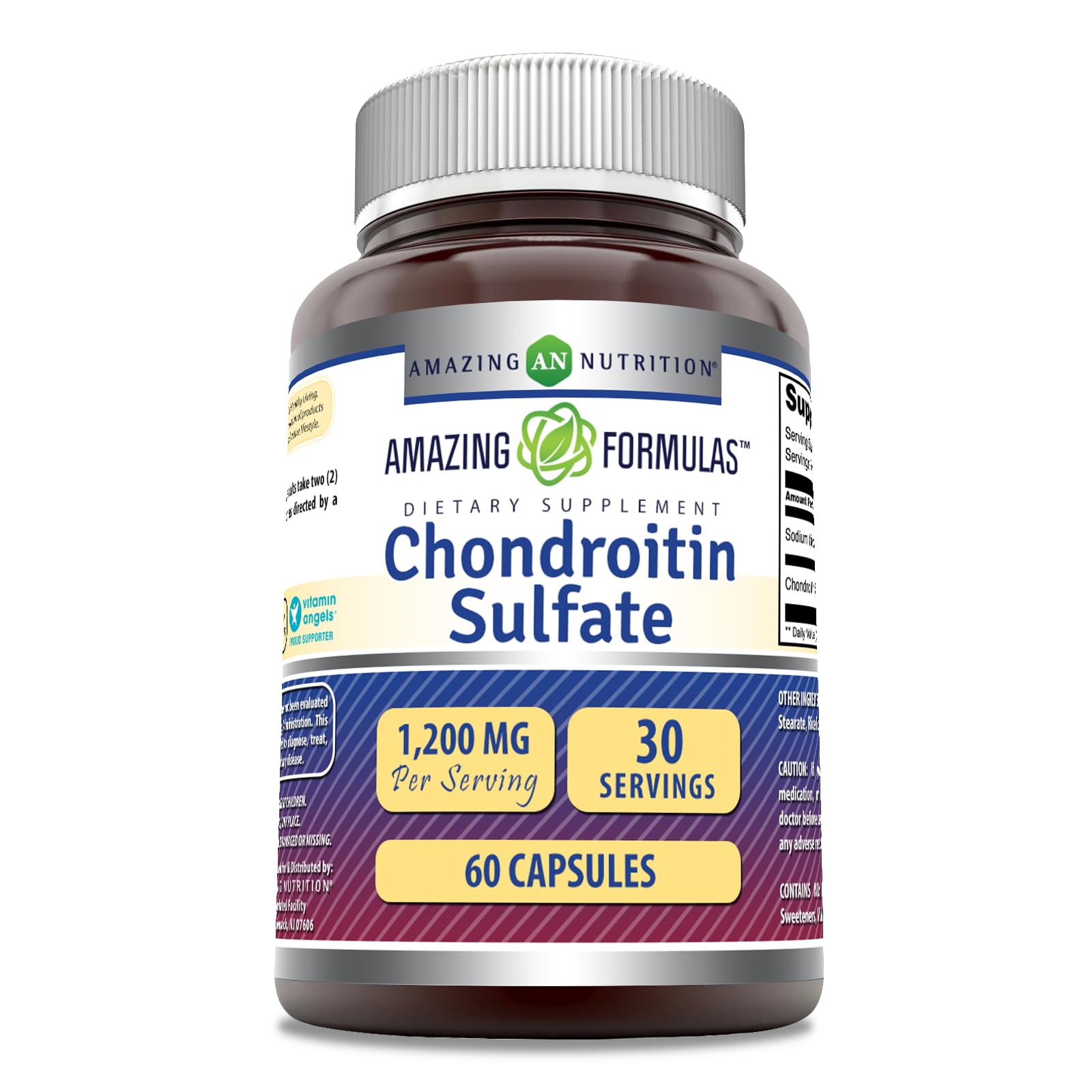 Amazing Nutrition condroitina sulfato 1200 mg, botella, pureza y potencia garantizadas.