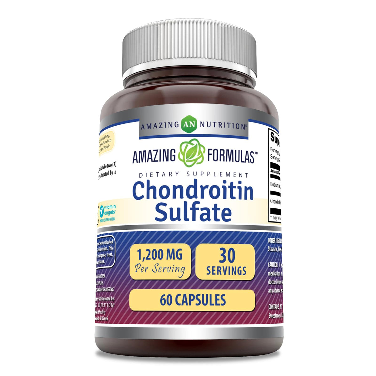 Amazing Nutrition condroitina sulfato 1200 mg, botella, pureza y potencia garantizadas.