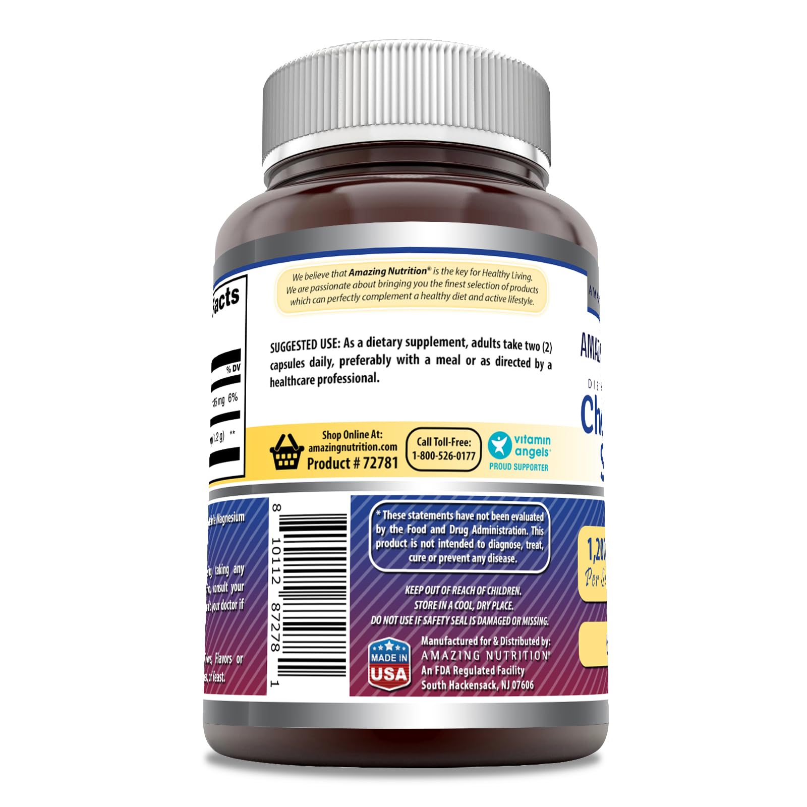 Amazing Nutrition condroitina sulfato 1200 mg, etiqueta del envase, pureza y potencia.