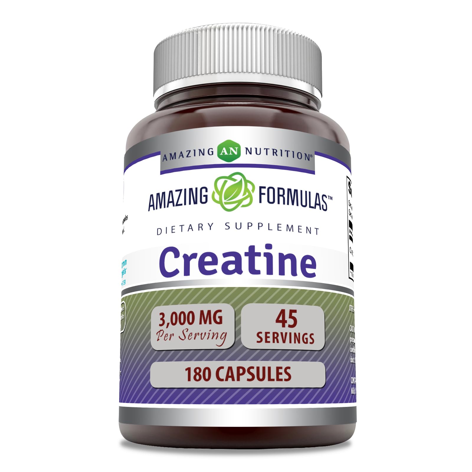Amazing Nutrition frasco de cápsulas de creatina monohidrato 3000 mg para energía sostenida.