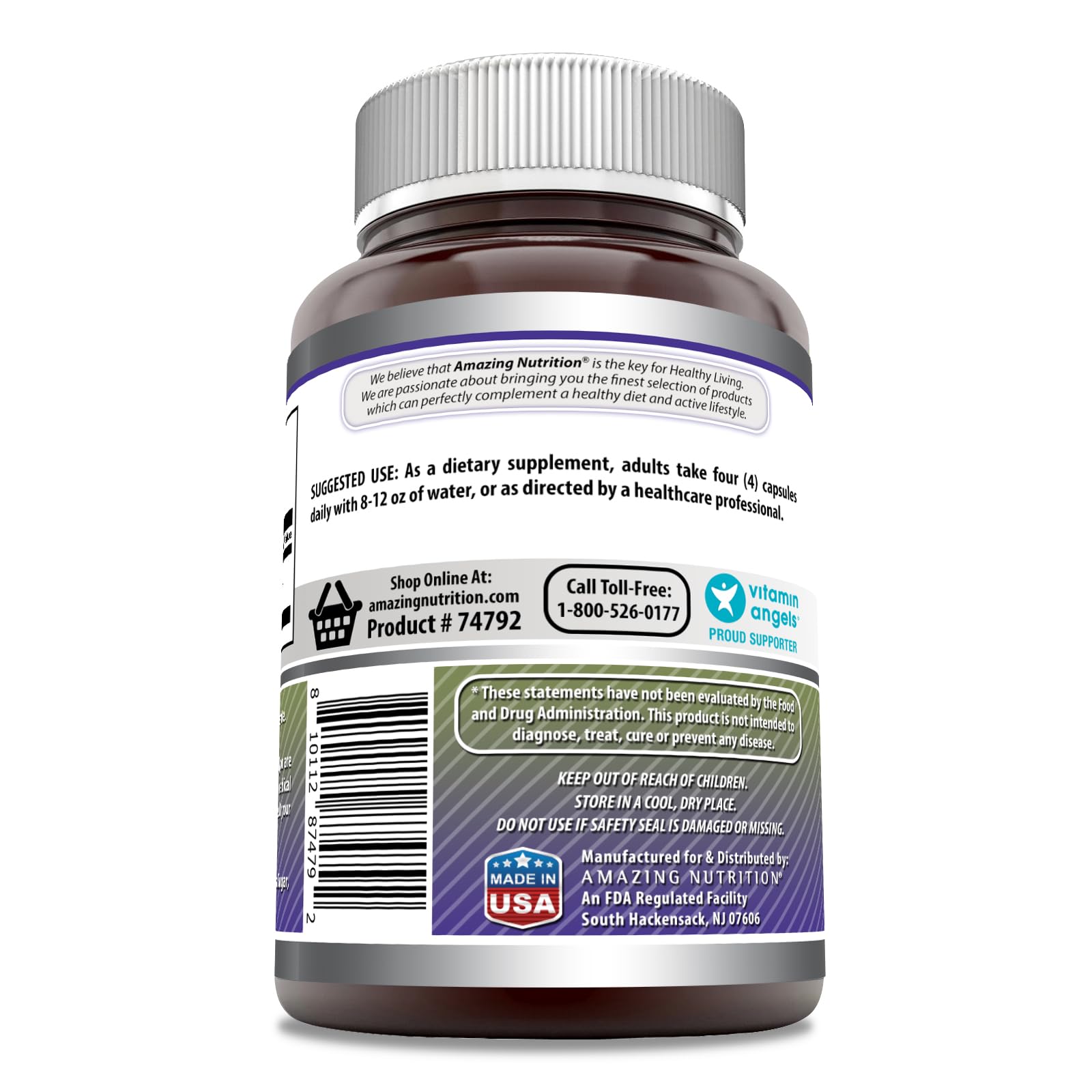 Amazing Nutrition etiqueta resalta pureza y pruebas por terceros.