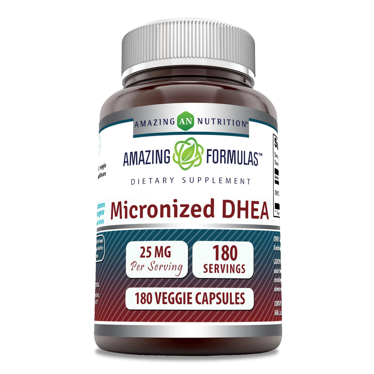 Amazing Nutrition DHEA 25 mg envase: cápsulas fáciles de tragar para uso diario.