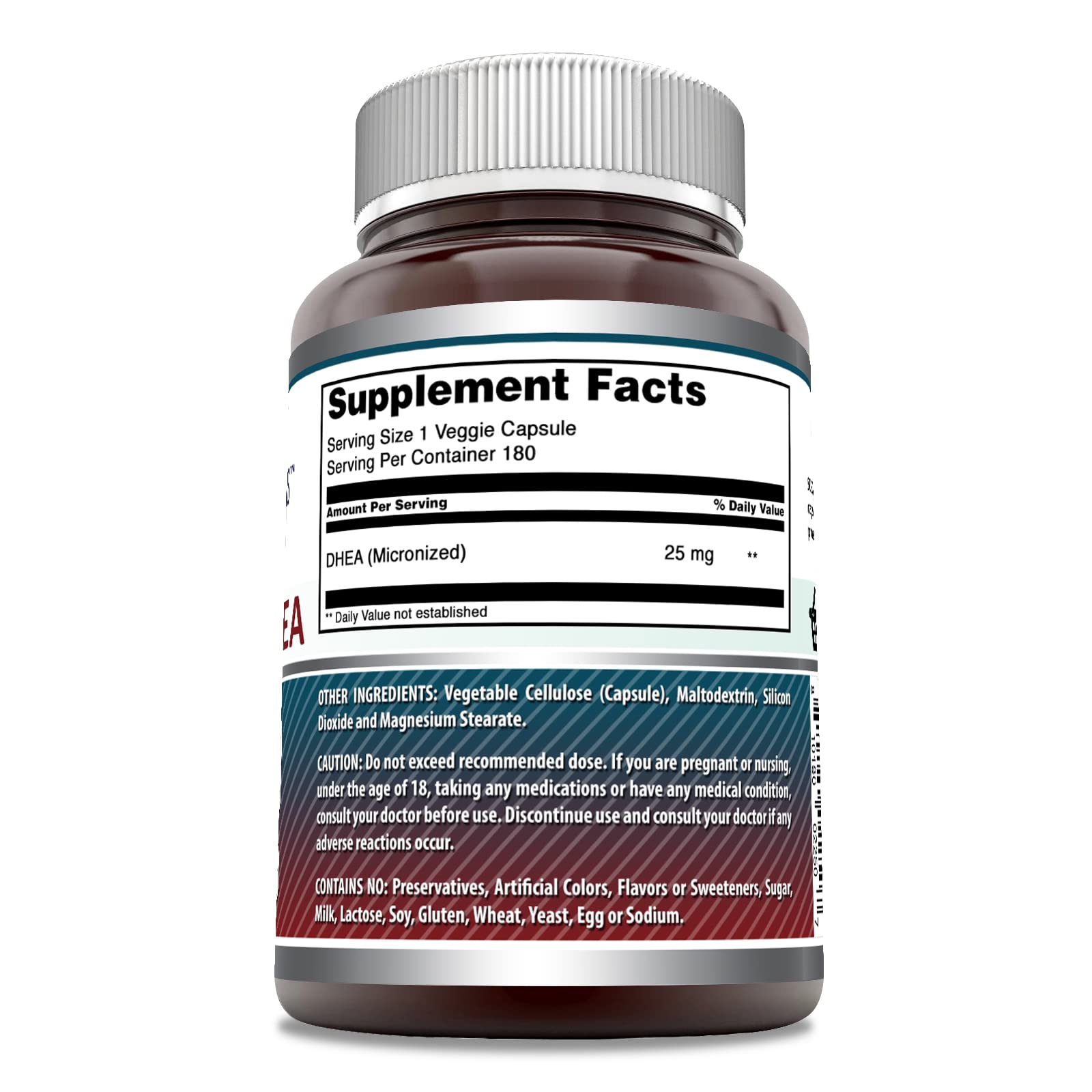 Amazing Nutrition DHEA 25 mg etiqueta frontal: información de dosis y pureza.