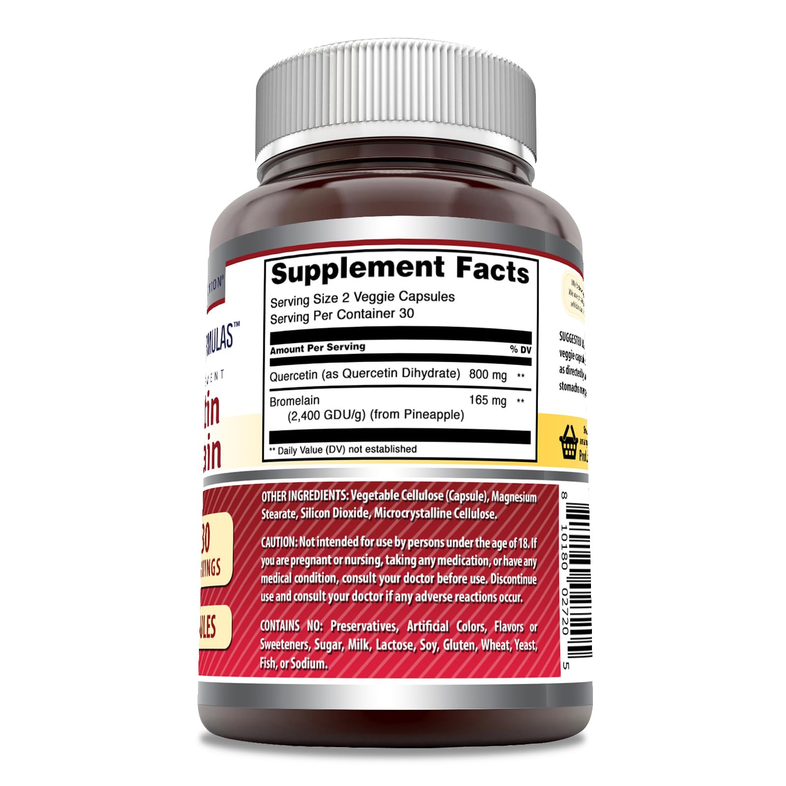 Envase de Amazing Nutrition Quercetina con Bromelina; apto para vegetarianos y uso diario.
