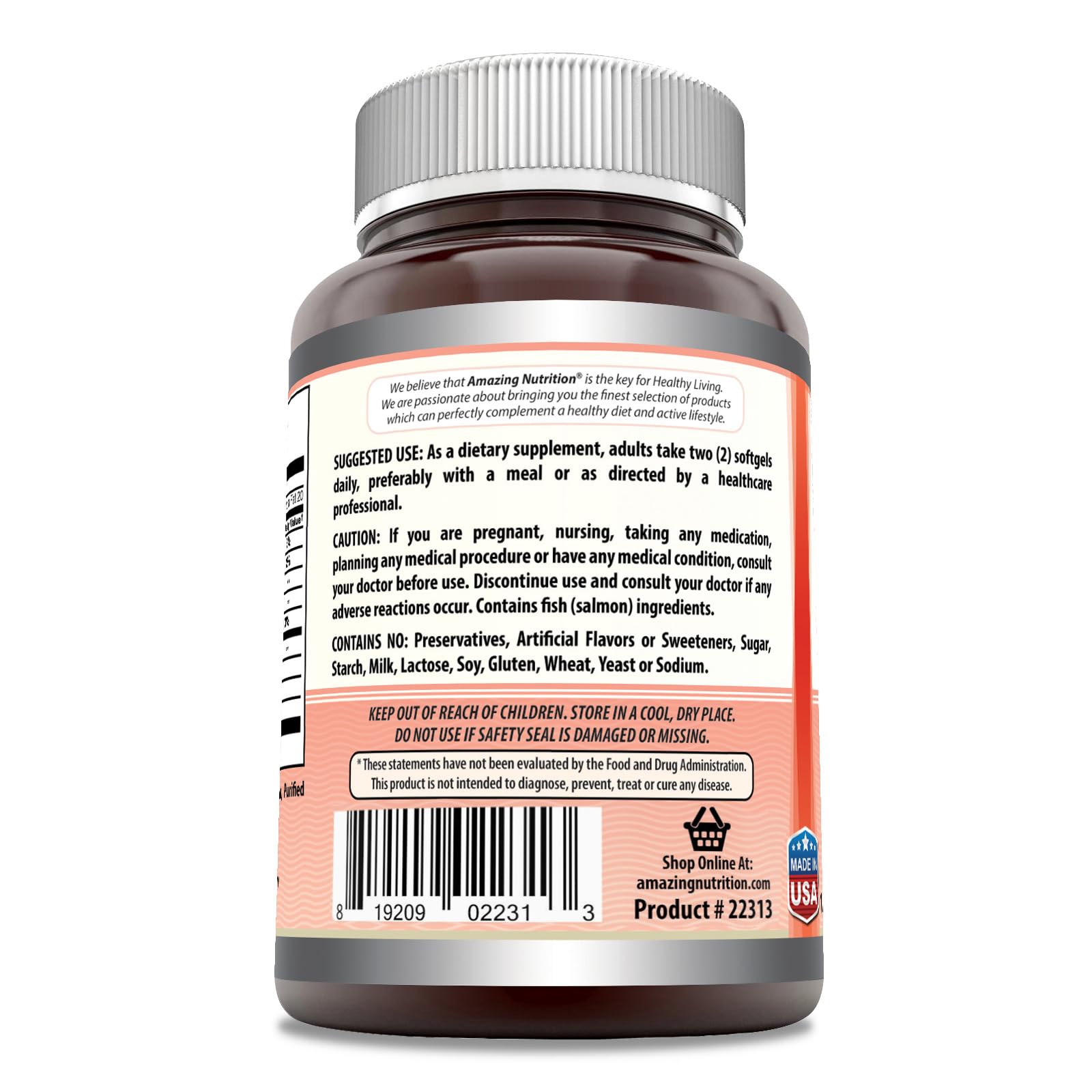 Etiqueta de Amazing Nutrition resalta pureza y potencia de Omega-3 para ti.