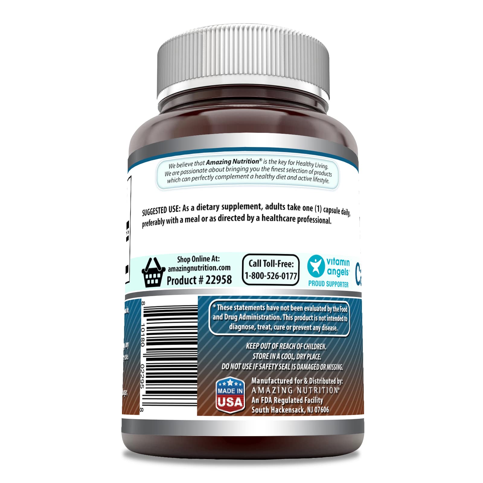 Etiqueta Amazing Nutrition calcio-piruvato resalta ingredientes y certificaciones para confianza.