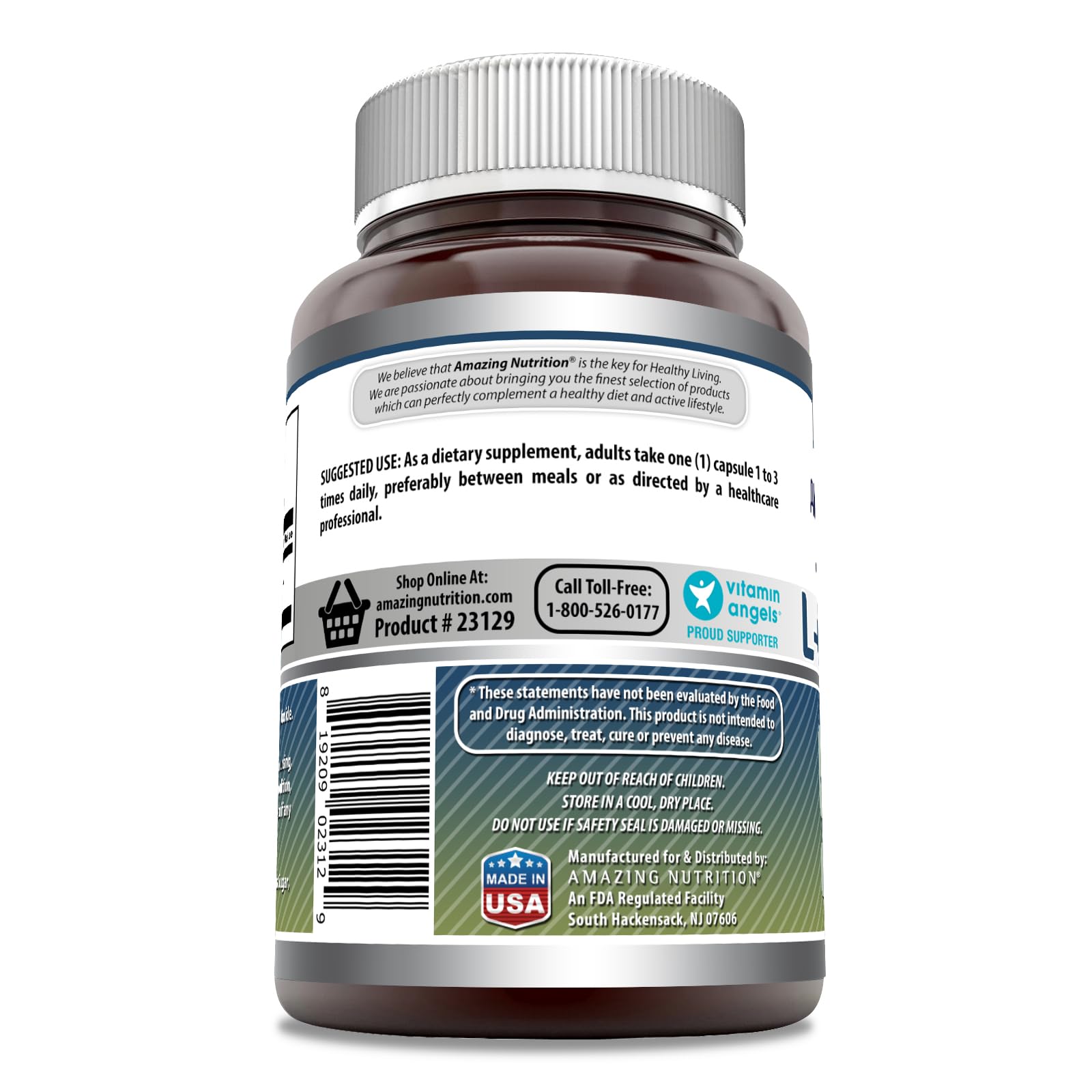 Etiqueta de Amazing Nutrition con L-Glutamina, sin OGM para dietas conscientes.