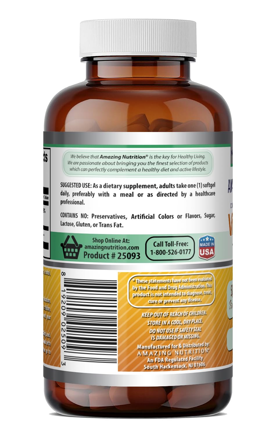 Frasco de 180 cápsulas suaves de Amazing Nutrition, reserva para varios meses.