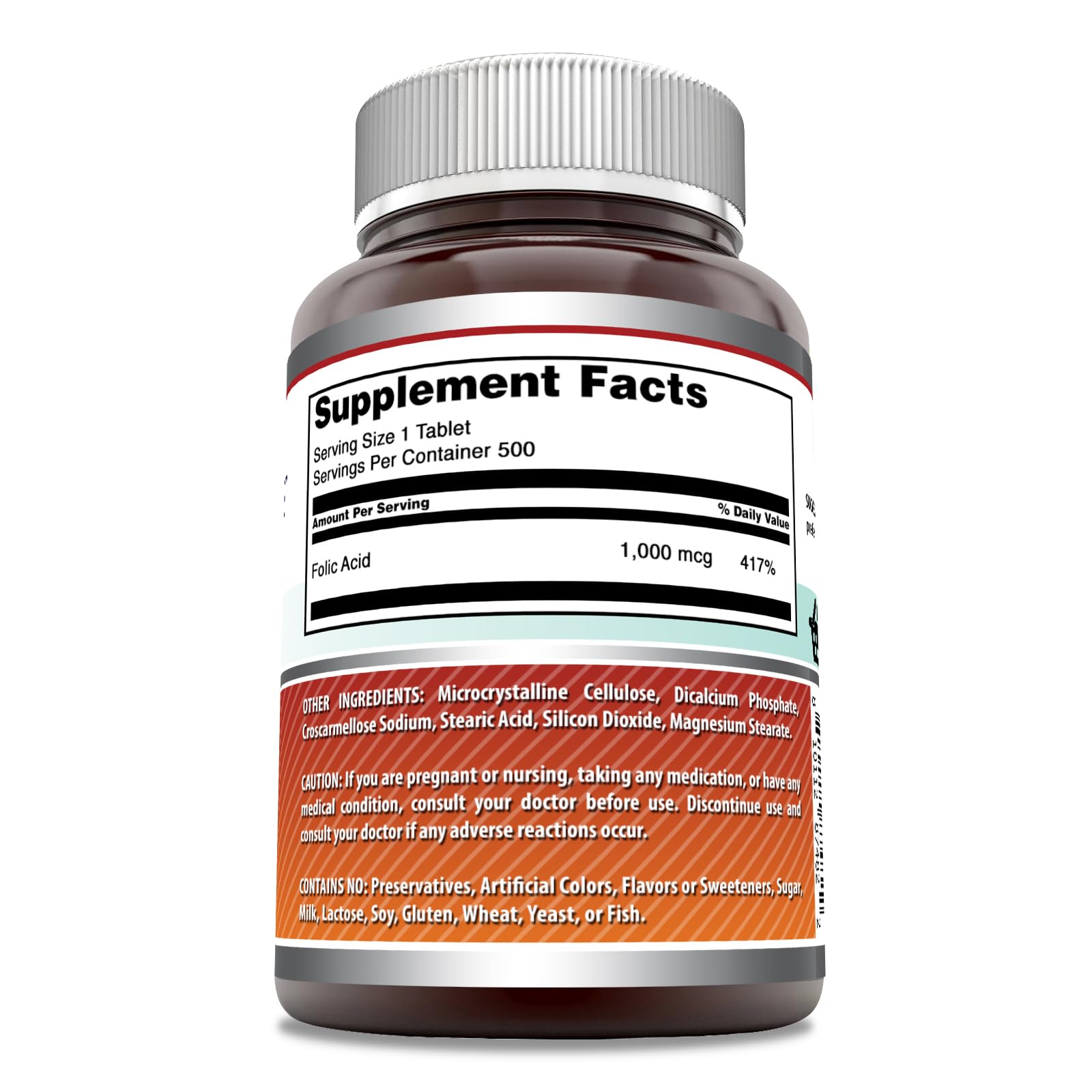 Amazing Nutrition, tableta de ácido fólico 1000 mcg, formato práctico para dosis diarias.
