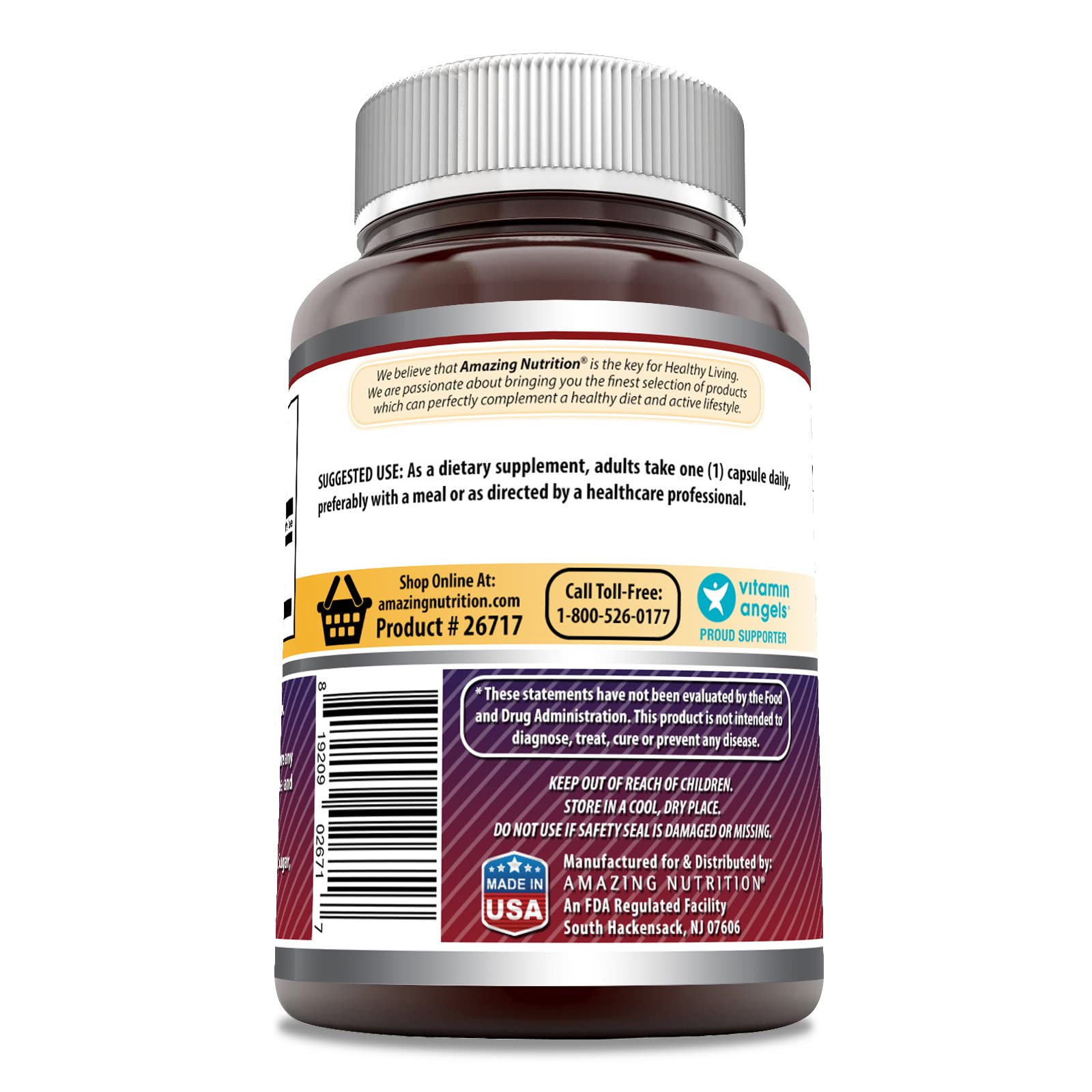 Amazing Nutrition Inositol 500 mg, detalle de botella: etiqueta muestra certificaciones de calidad.