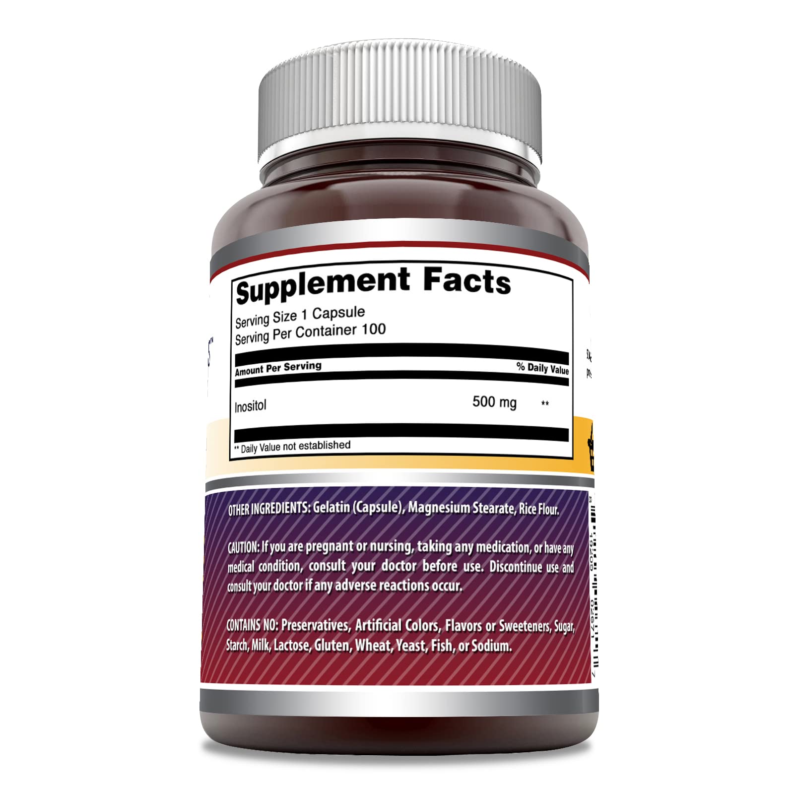 Amazing Nutrition Inositol 500 mg, costado: botella con 100 porciones para rutina diaria.
