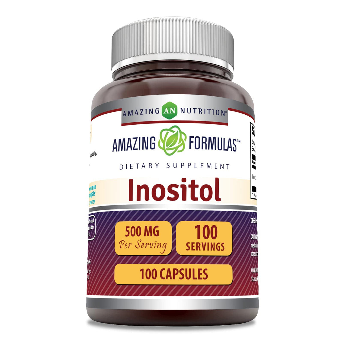 Amazing Nutrition Inositol 500 mg cápsulas, frente: cápsulas fáciles de tragar para uso diario.