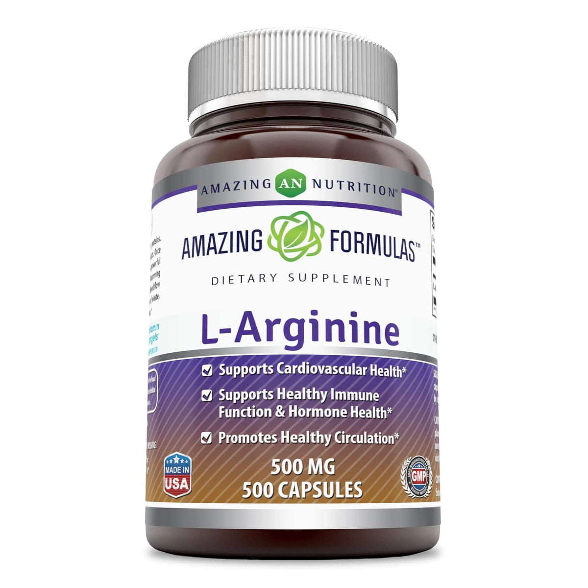 Amazing Nutrition L-Arginine 500 mg en botella, suplemento diario para apoyar la salud general.