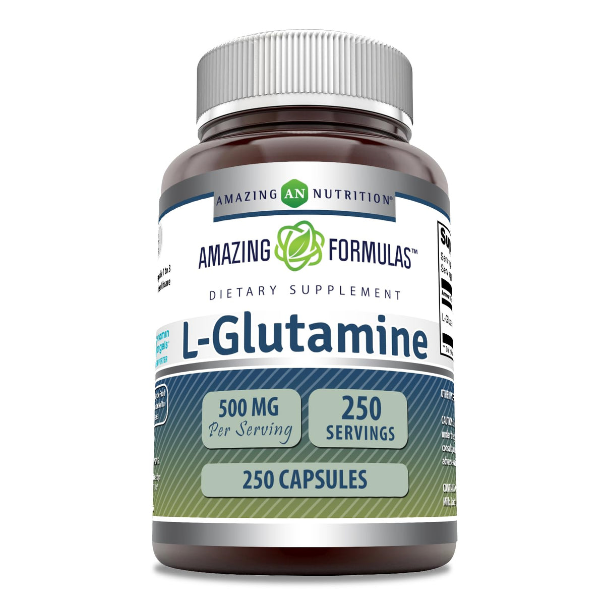 Amazing Nutrition L-Glutamina 500 mg, cápsulas, práctico para uso diario.