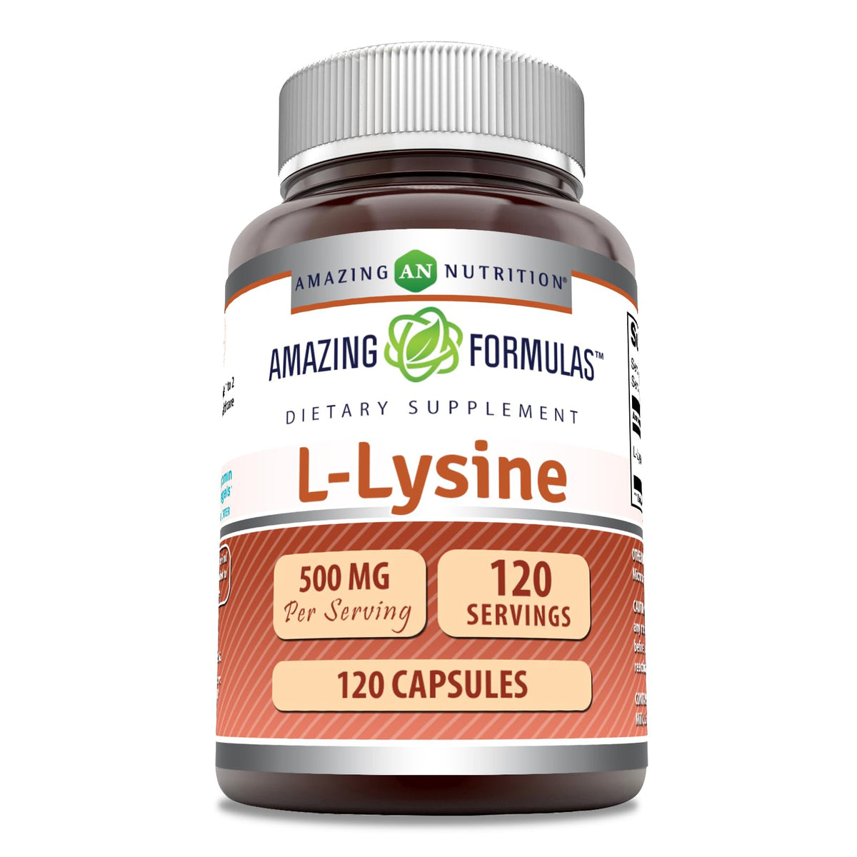 Amazing Nutrition L-Lisina 500 mg cápsulas, frente del envase, apoyo diario de aminoácidos para bienestar