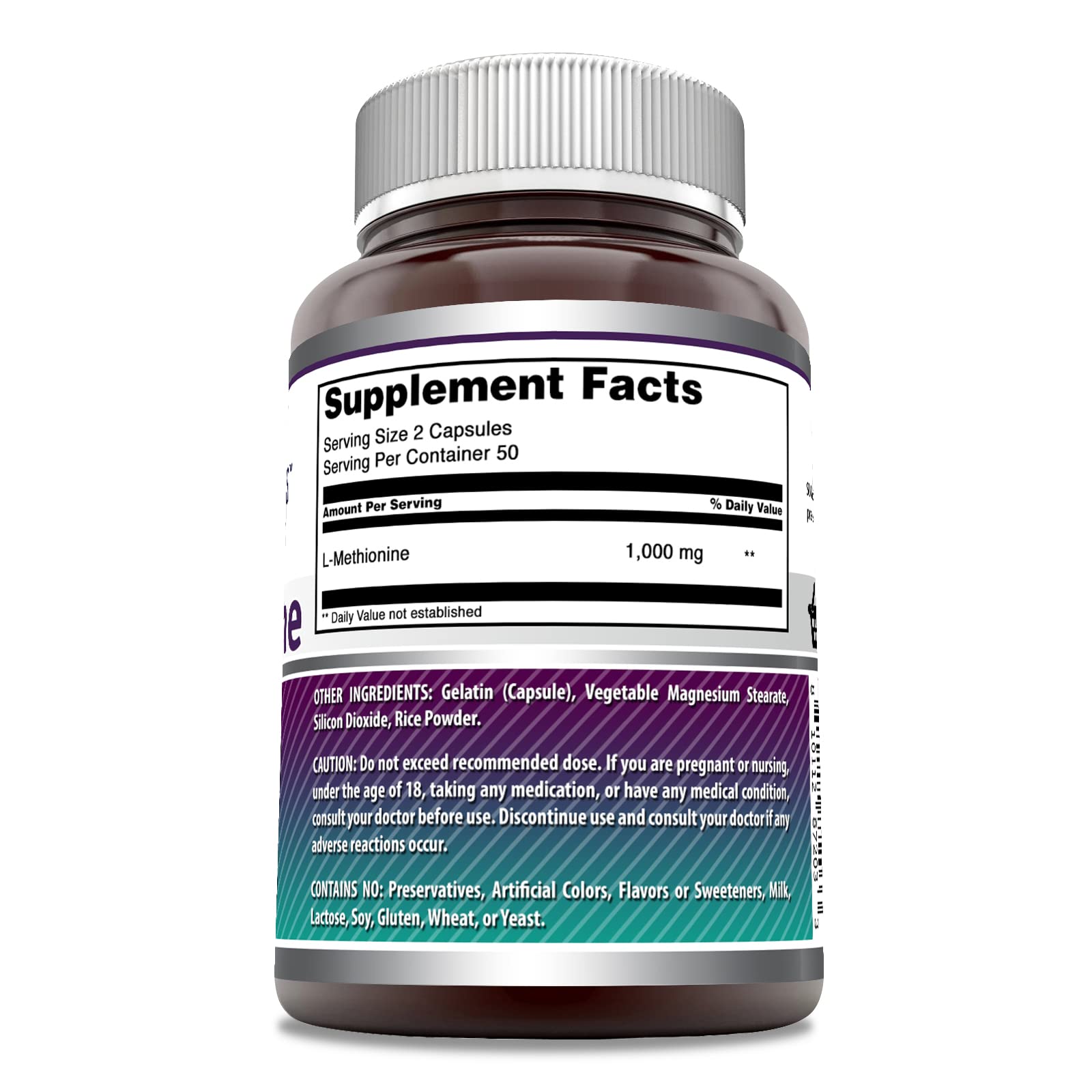 Etiqueta de Amazing Nutrition L-Metionina con porciones y dosis