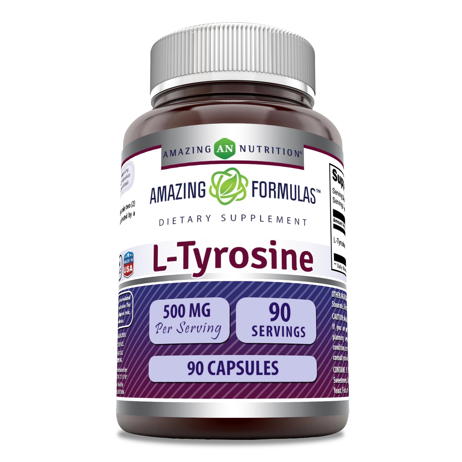 Amazing Nutrition L-Tirosina 500 mg – botella frontal para apoyo diario.