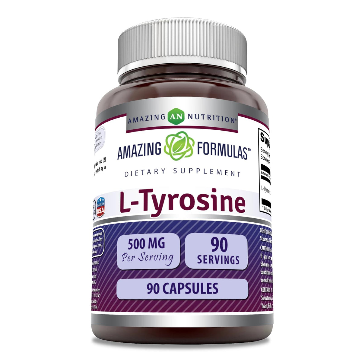 Amazing Nutrition L-Tirosina 500 mg – botella frontal para apoyo diario.