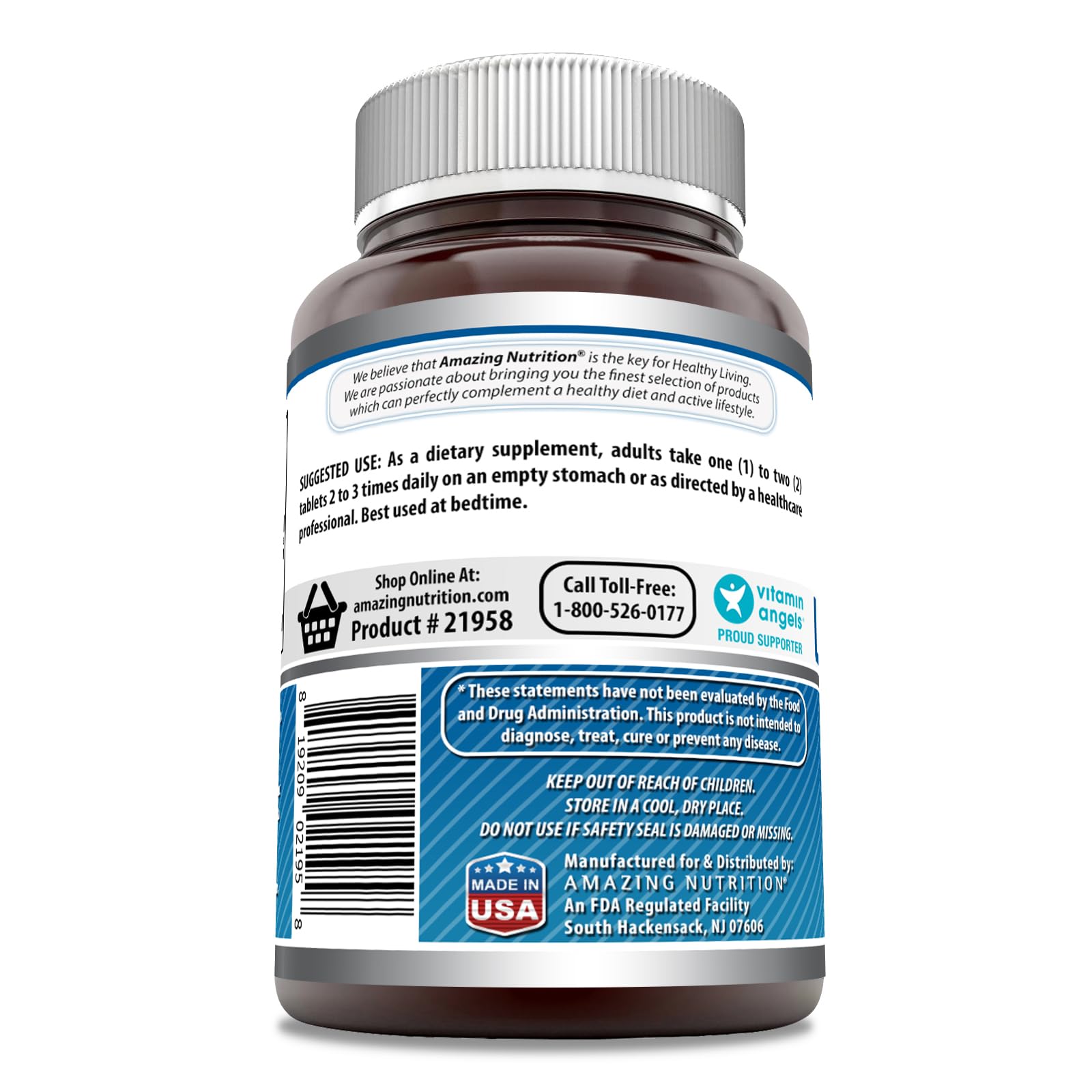 Etiqueta de Amazing Nutrition L-Tryptophan que destaca pureza y calidad del producto