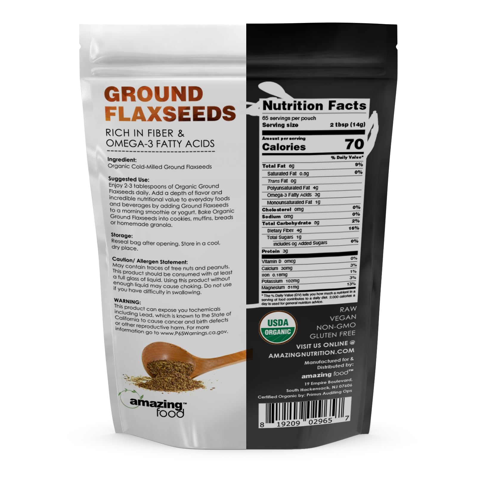 Amazing Nutrition linaza molida en polvo, enfoque de cocina, para espesar recetas y añadir fibra.