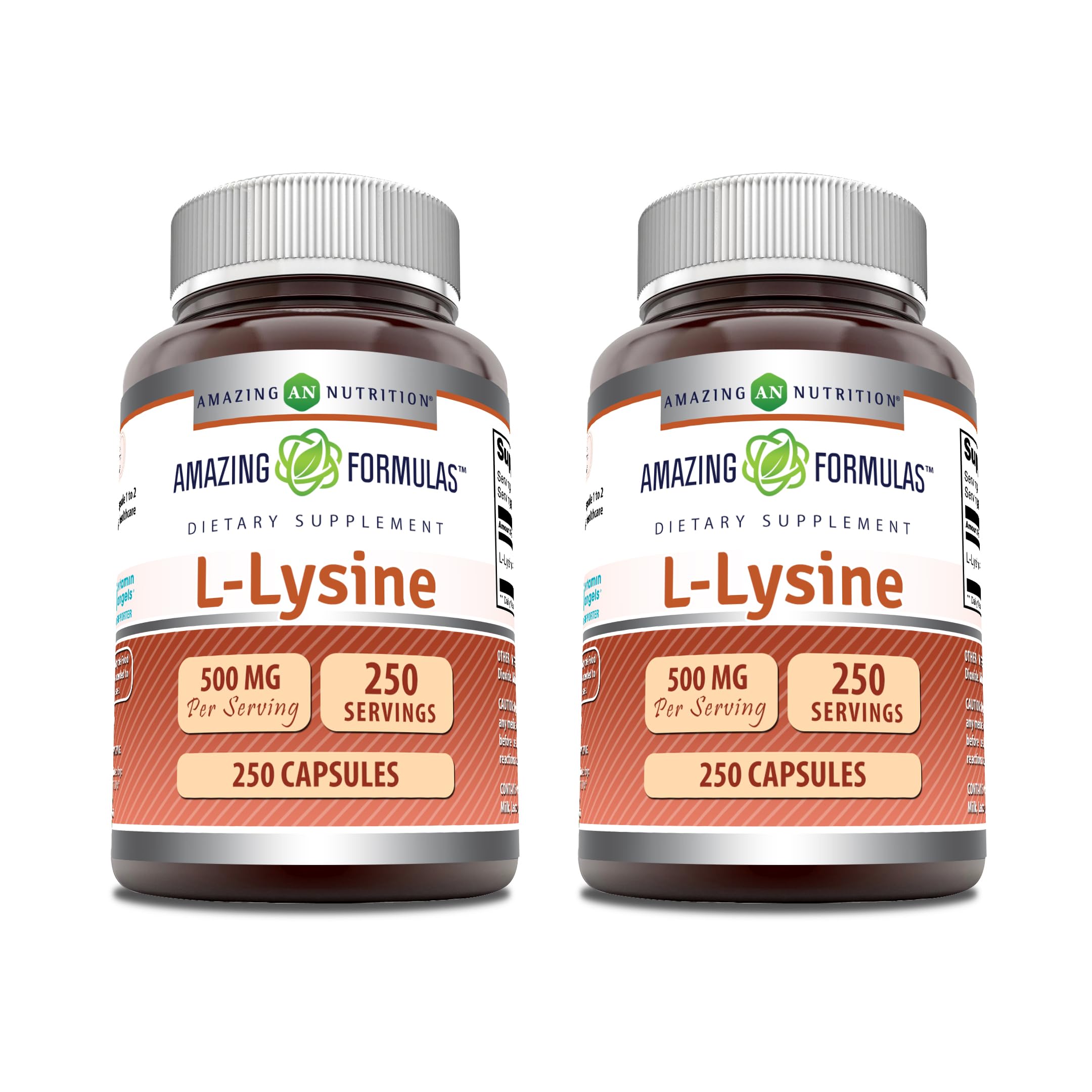 Cápsulas Amazing Nutrition lisina 500 mg para ingesta diaria de aminoácidos.