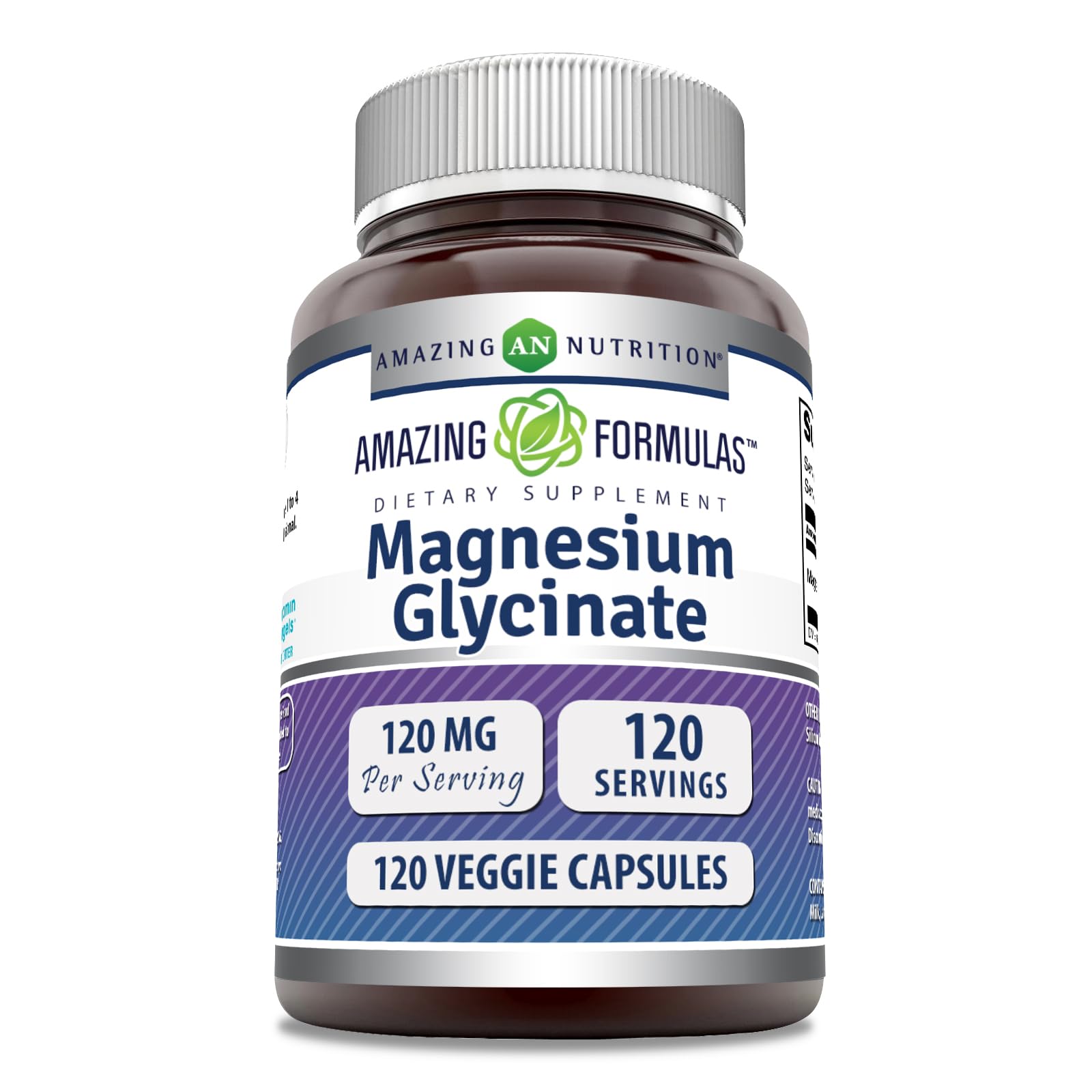 Amazing Nutrition magnesio glicinato 120 mg en botella con etiqueta, uso diario en casa
