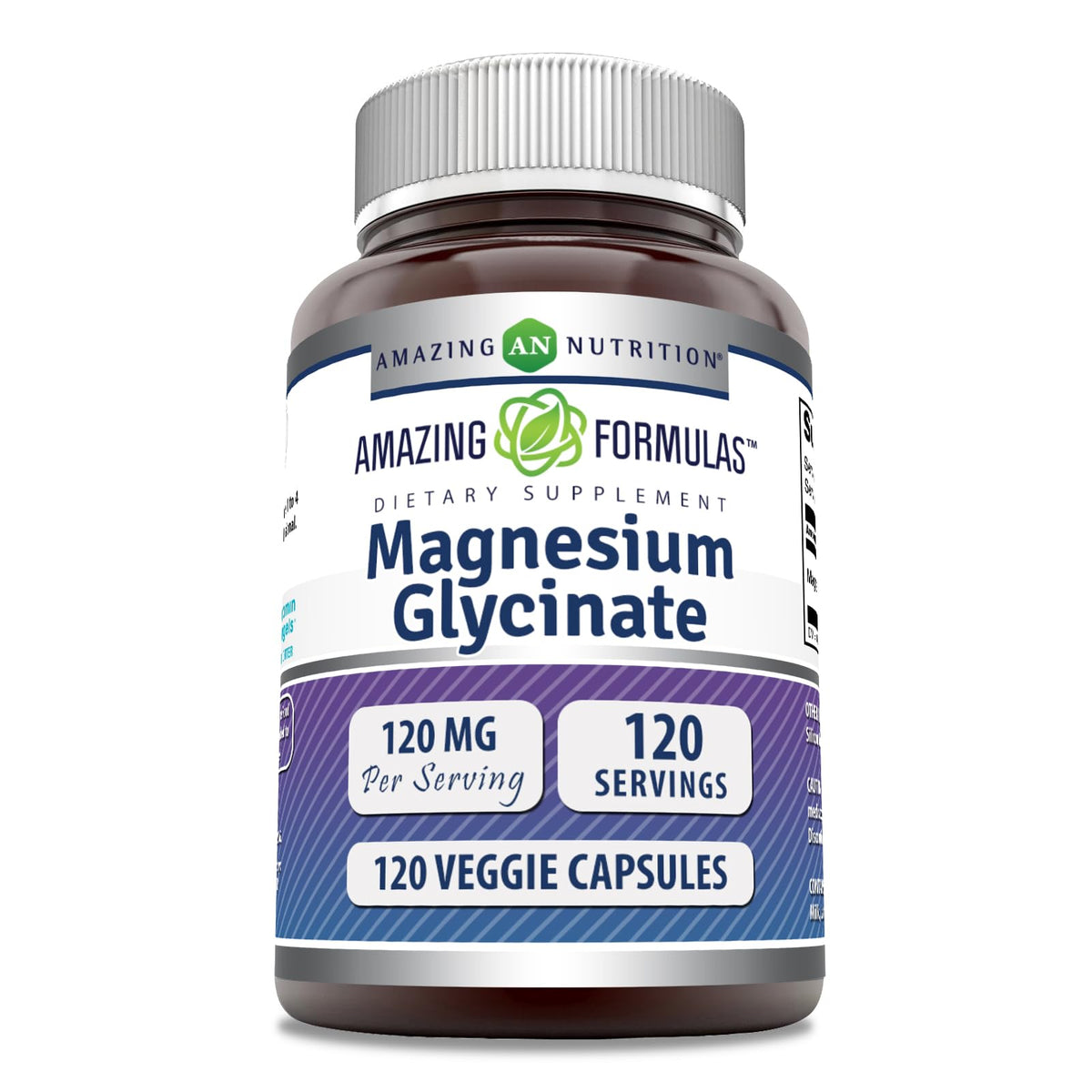 Amazing Nutrition magnesio glicinato 120 mg en botella con etiqueta, uso diario en casa