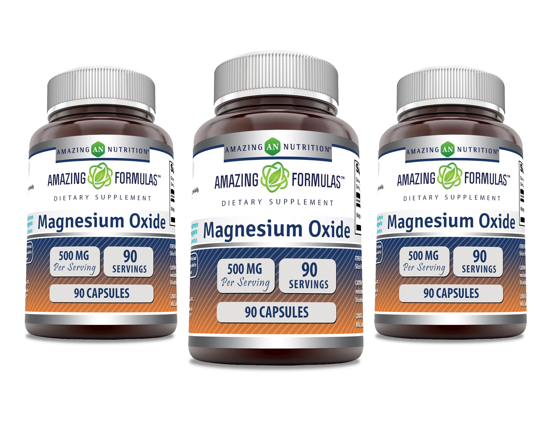 Amazing Nutrition magnesio oxido 500 mg cápsulas en bote para uso diario.