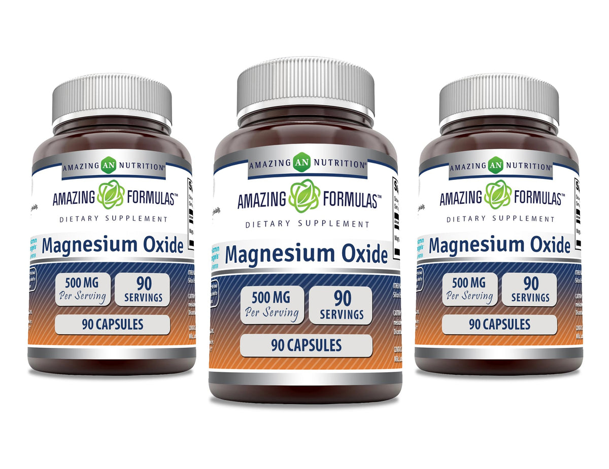 Amazing Nutrition magnesio oxido 500 mg cápsulas en bote para uso diario.