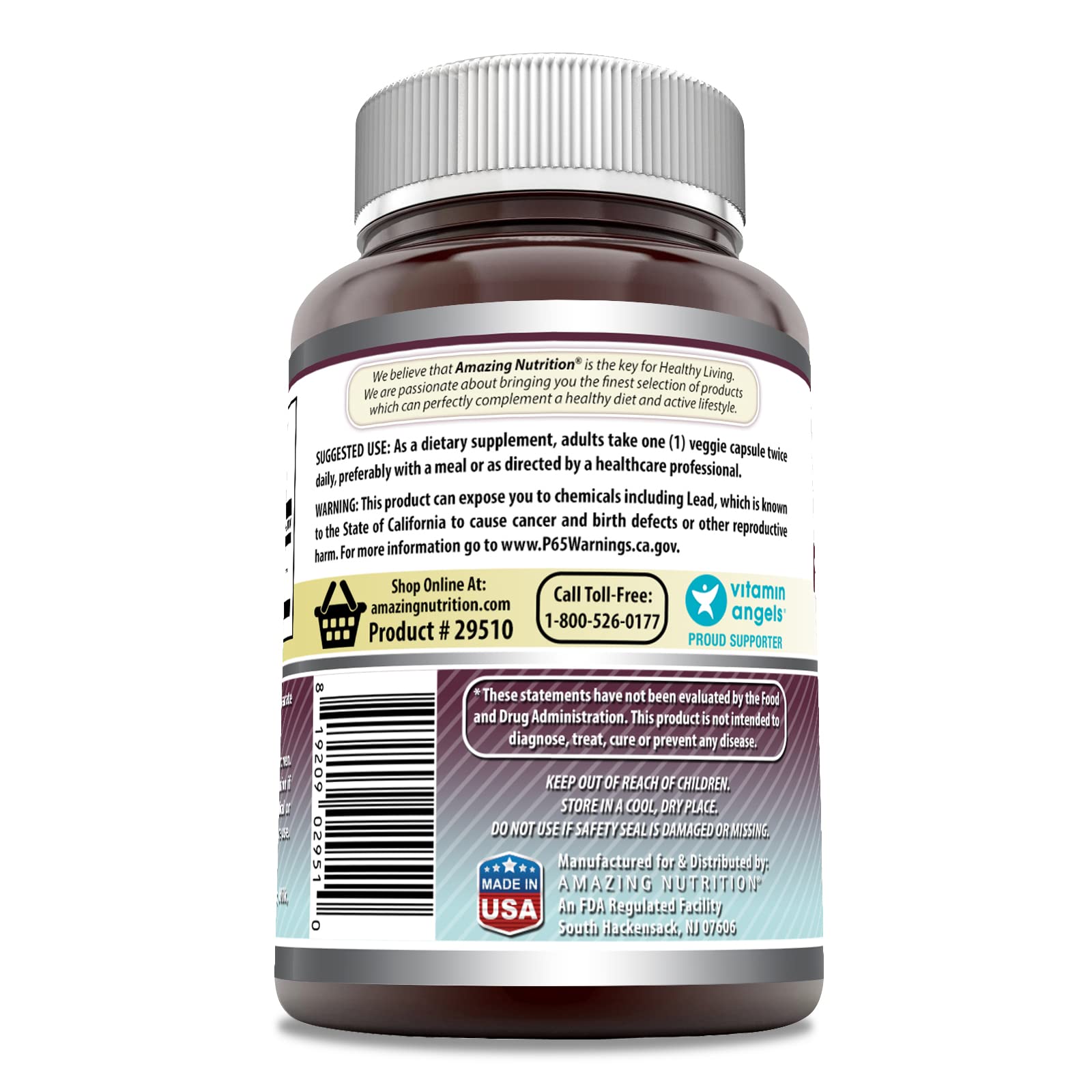 Amazing Nutrition Marshmallow Root con etiqueta visible, muestra pureza y porciones por frasco