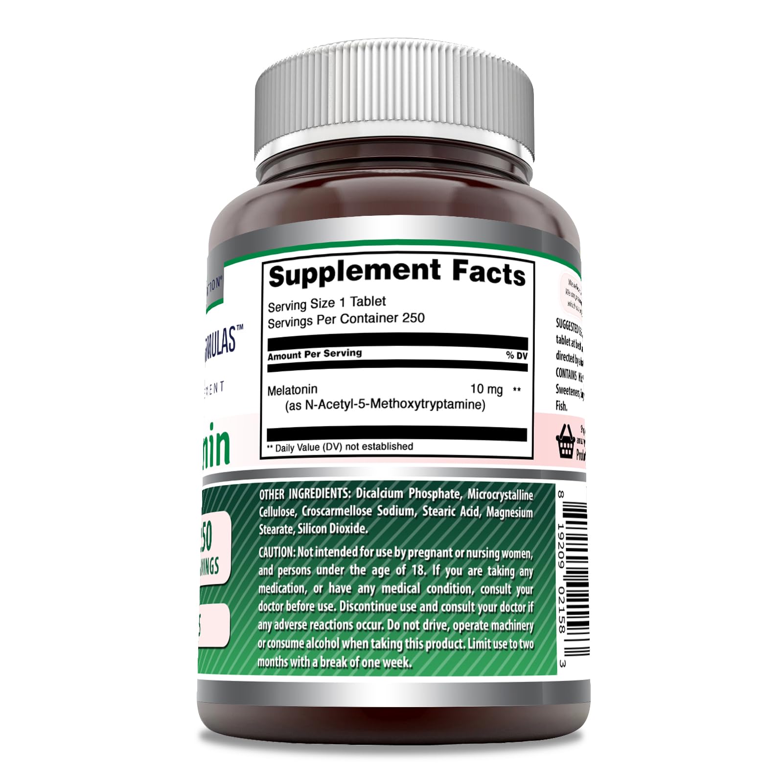 Amazing Nutrition Melatonina 10 mg, vista trasera, información de dosis y garantía.