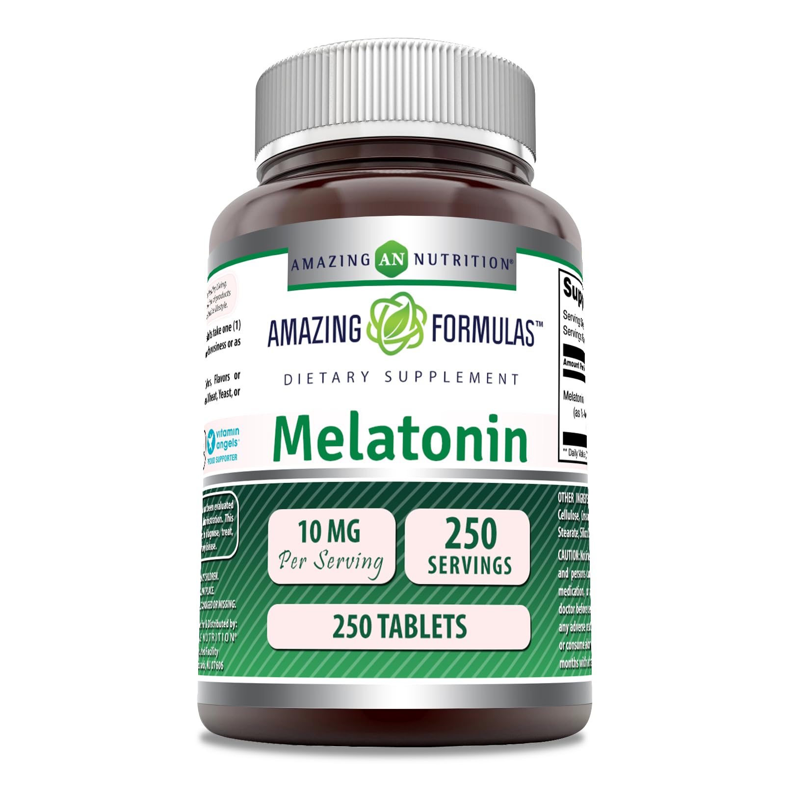 Amazing Nutrition Melatonina 10 mg, botella frontal, ideal para relajación nocturna.
