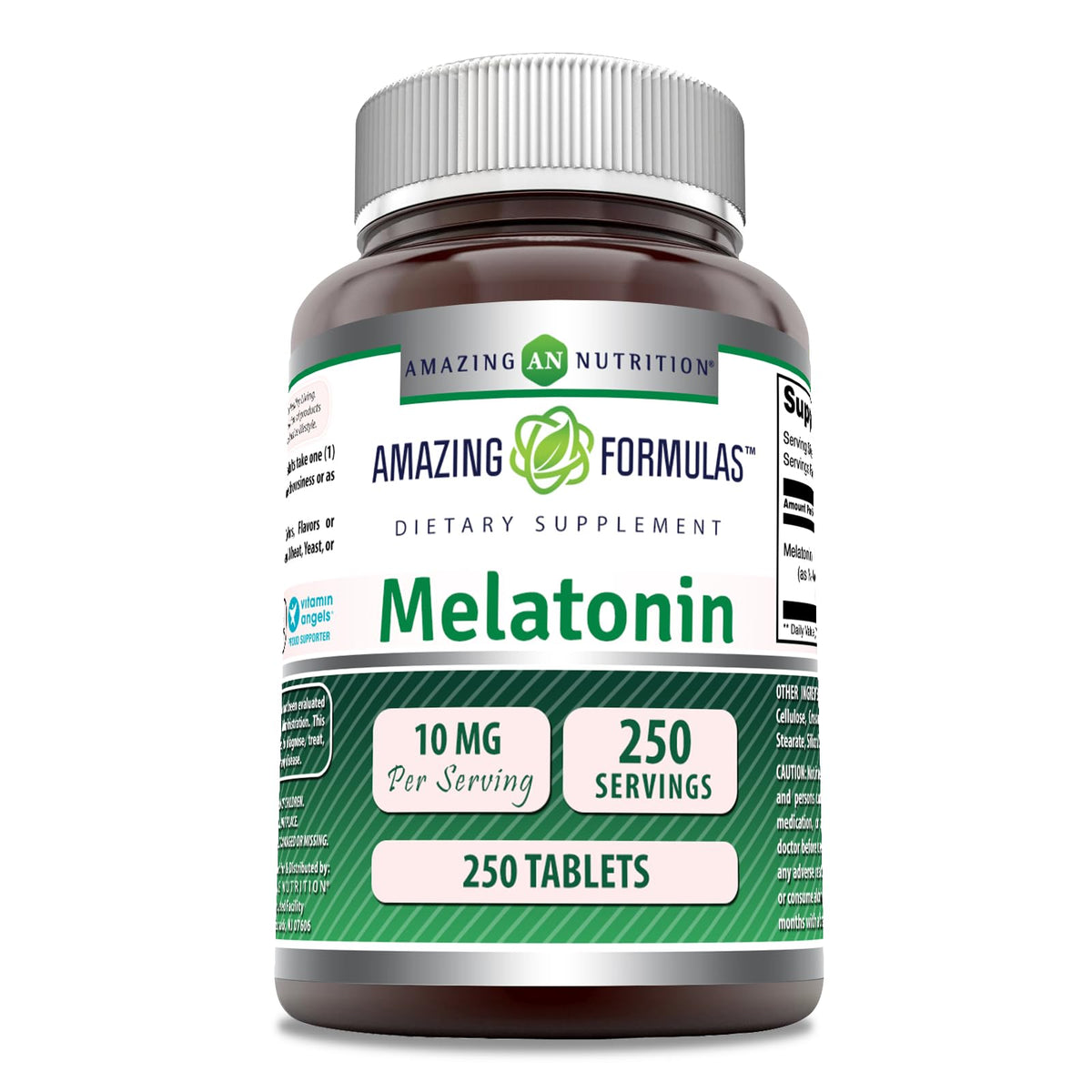Amazing Nutrition Melatonina 10 mg, botella frontal, ideal para relajación nocturna.