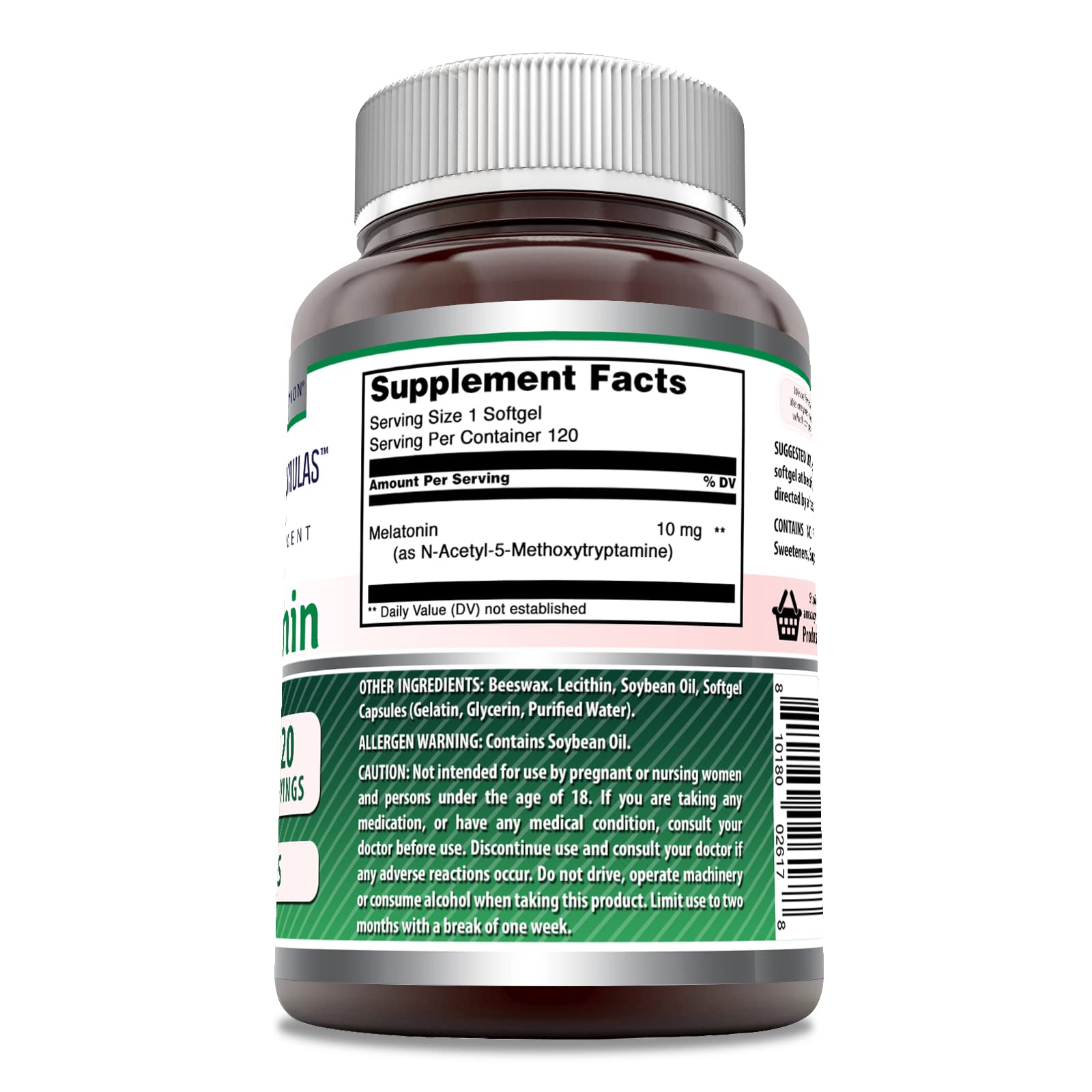 Amazing Nutrition Melatonina 10 mg etiqueta lateral con información